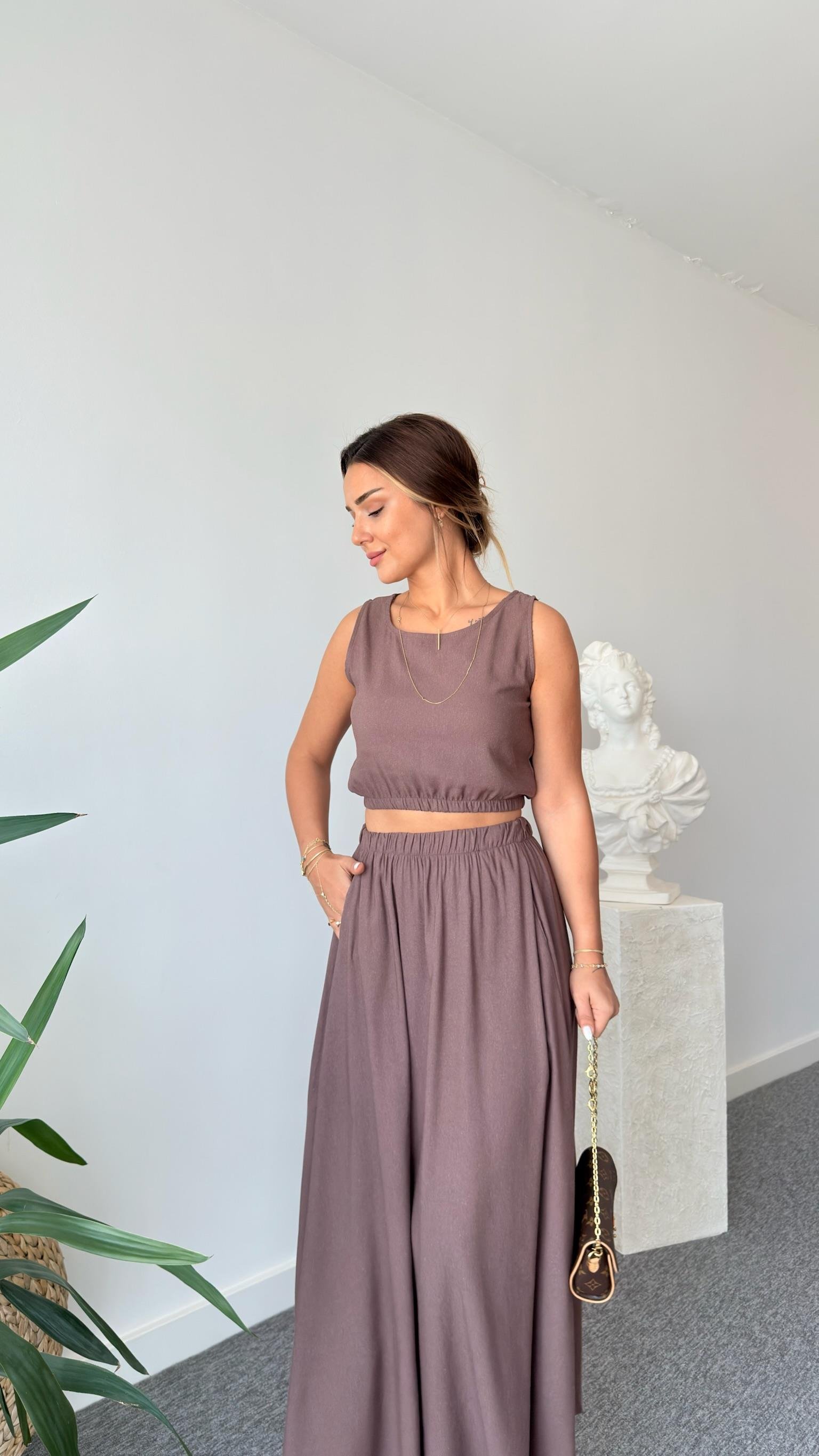 Kahve Keten Etekli Crop Takım