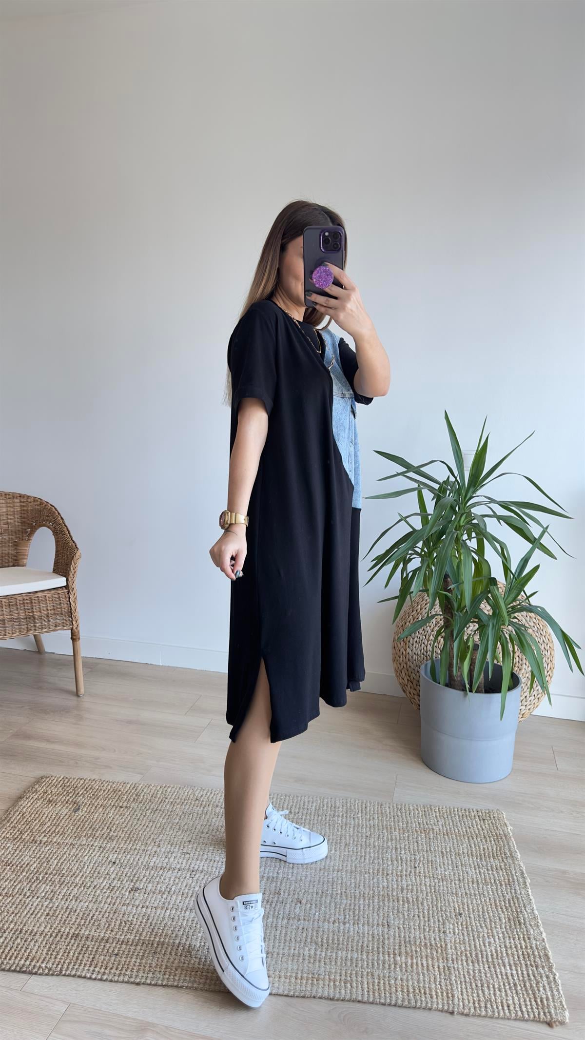 Kot Detaylı Siyah Basic Elbise 