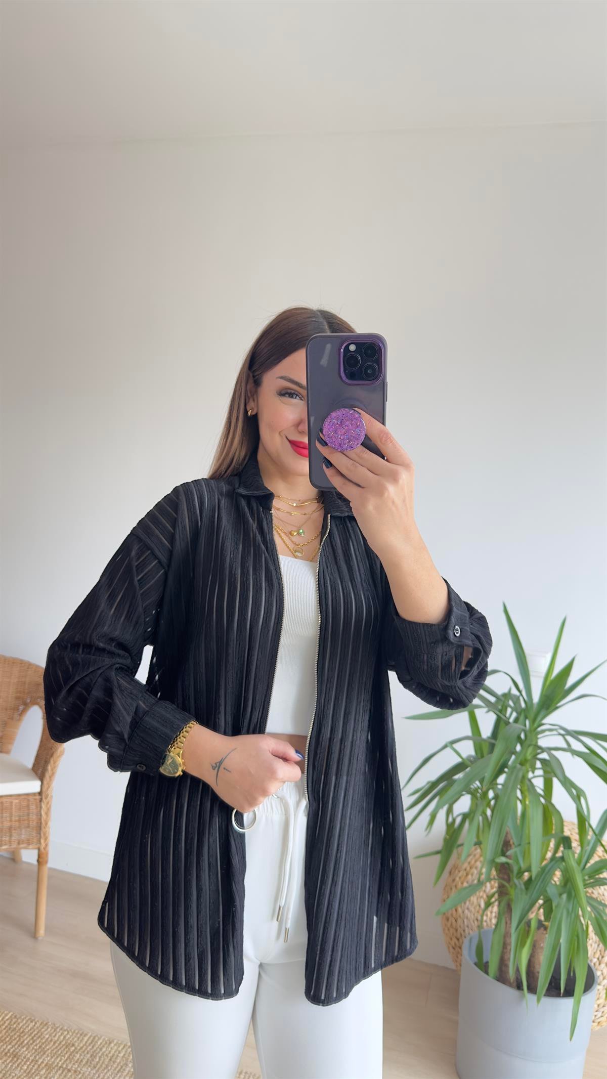 Fermuarlı Şerit Detay Siyah Ceket