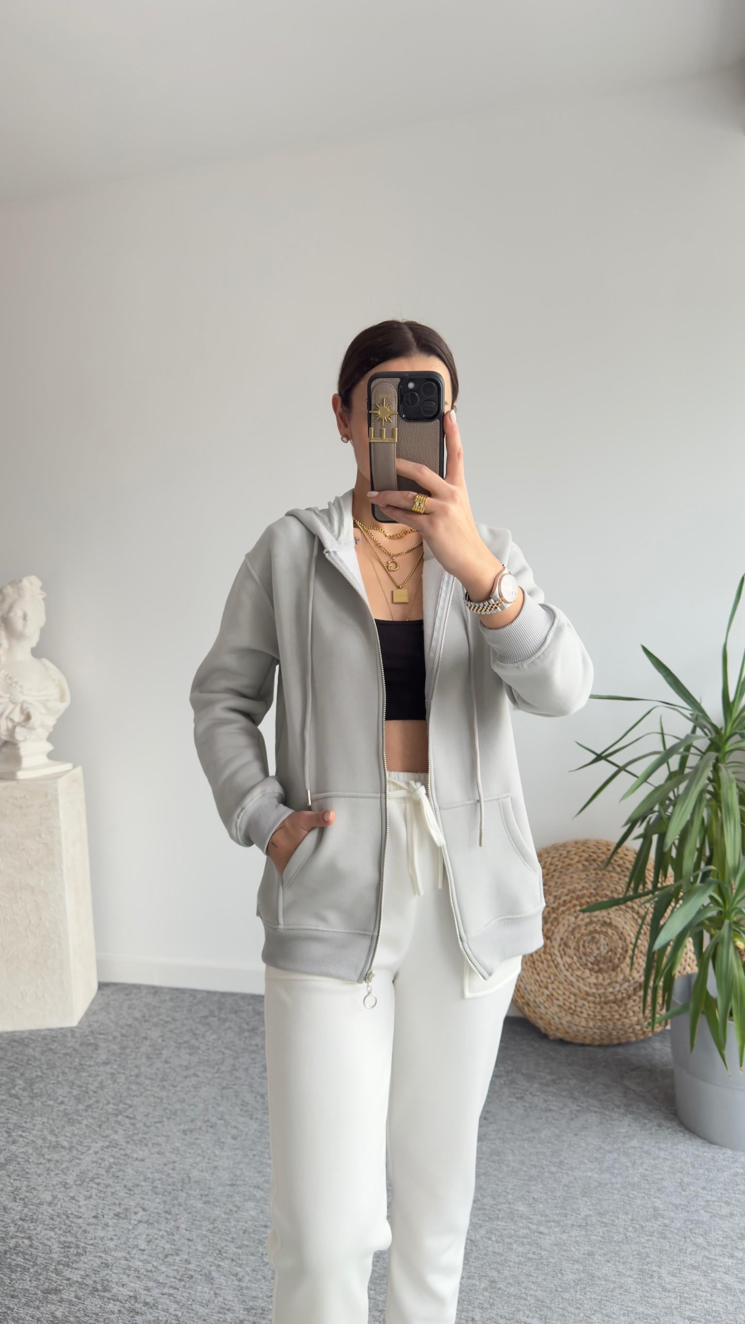 Şardonlu Gri Kapüşonlu Sweatshirt