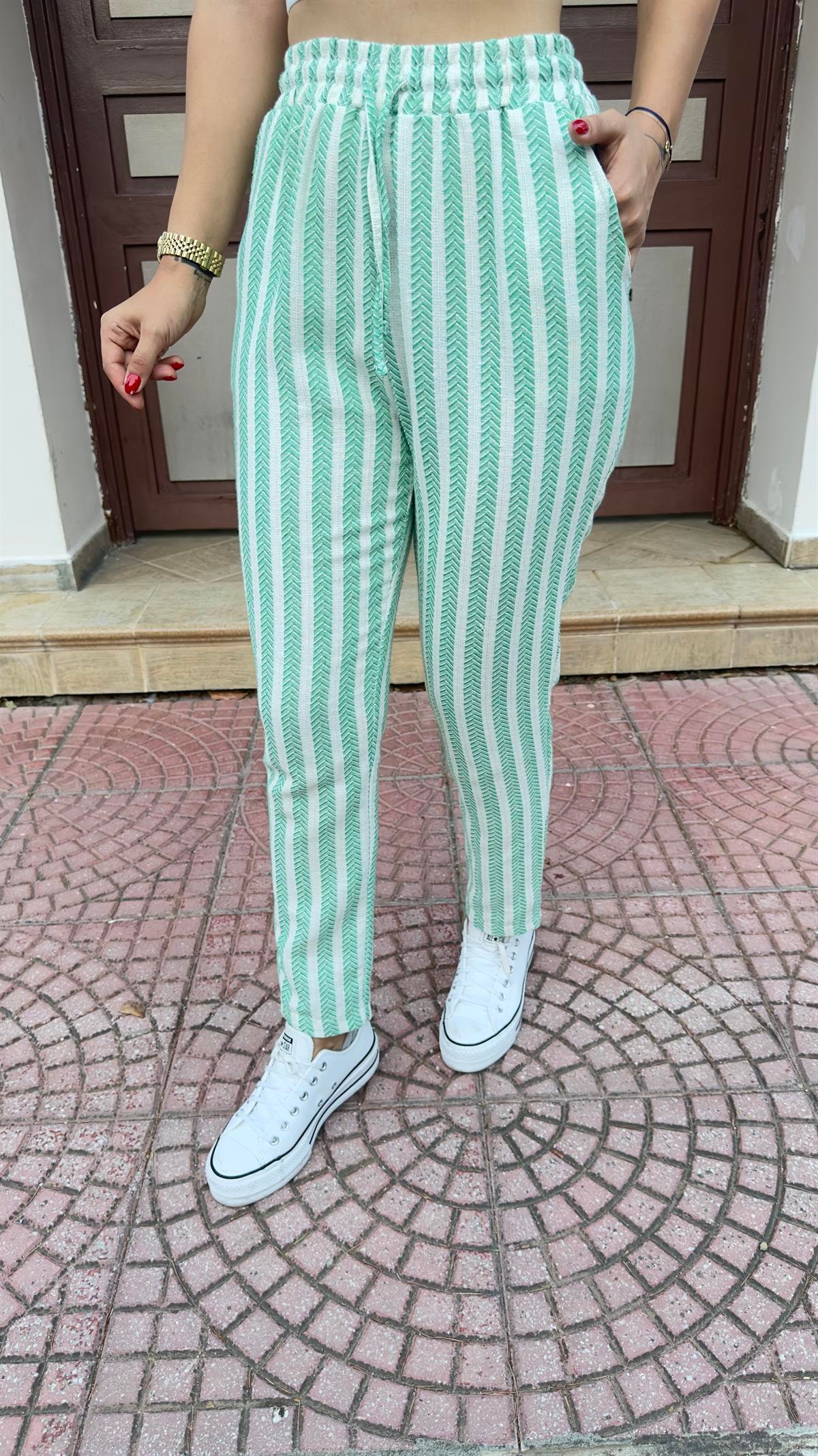 Yeşil Şeritli Örme Pantolon