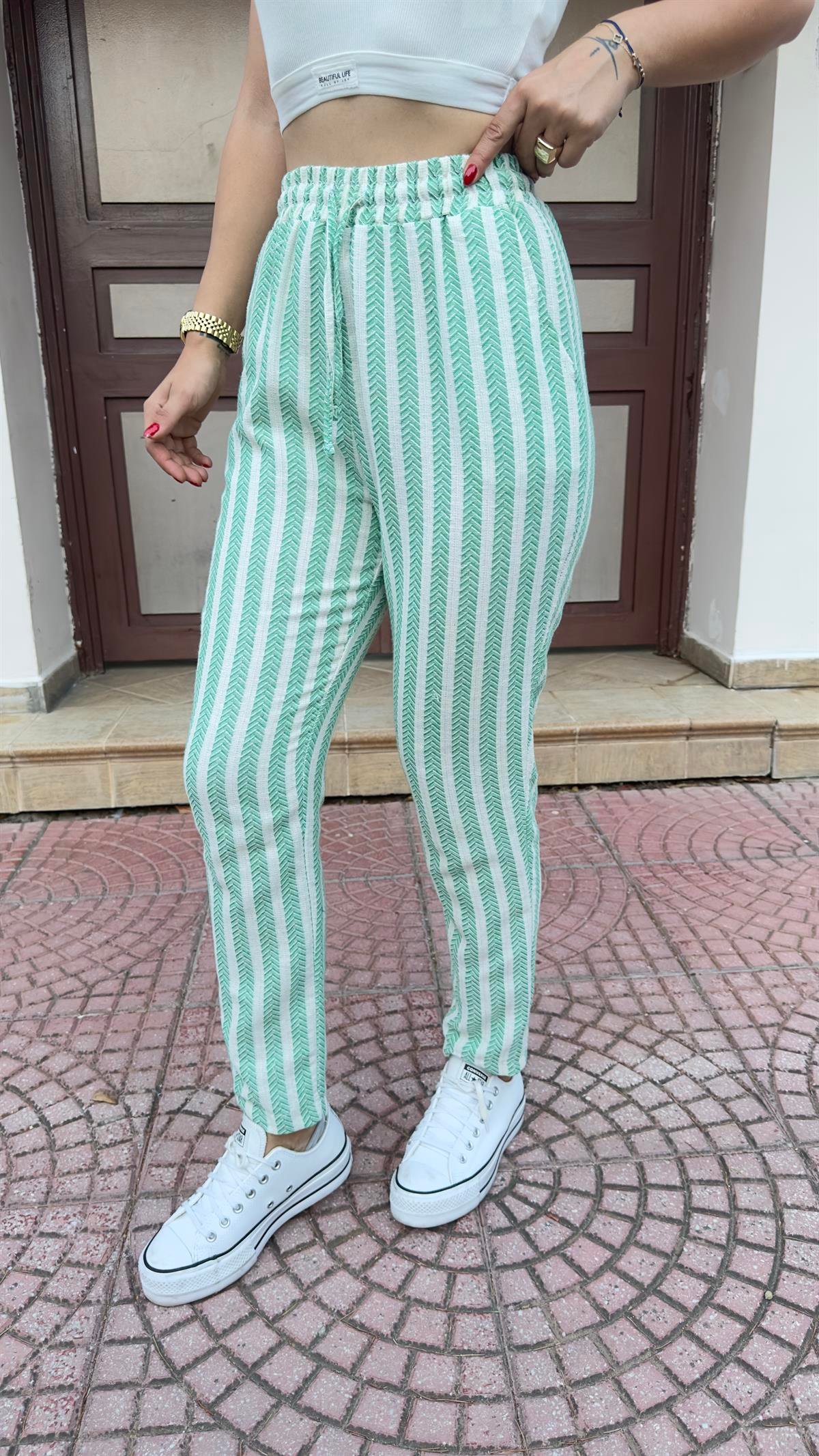 Yeşil Şeritli Örme Pantolon