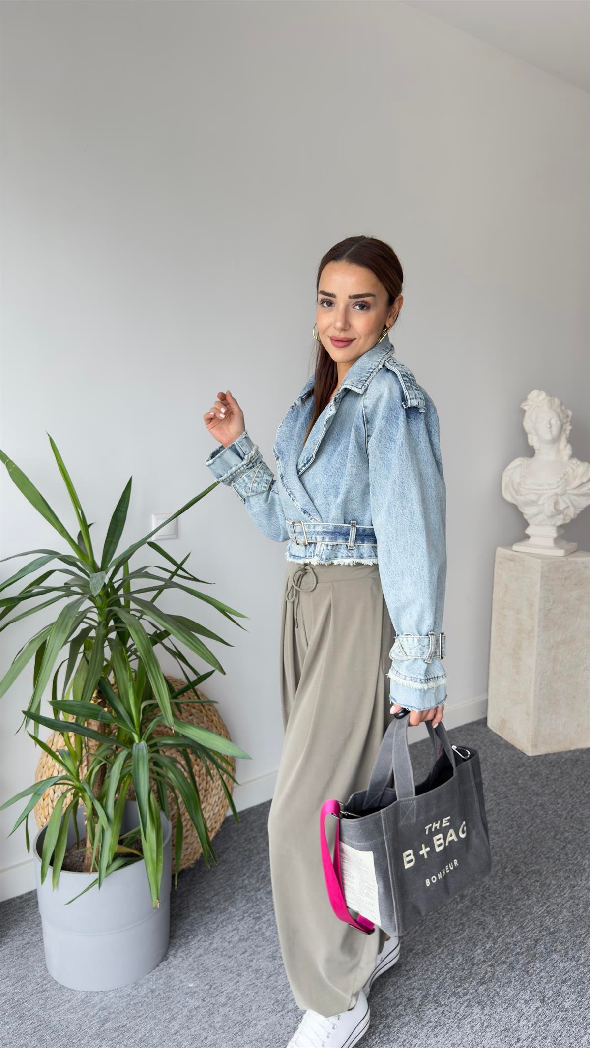 Cream Kemerli Jean Ceket