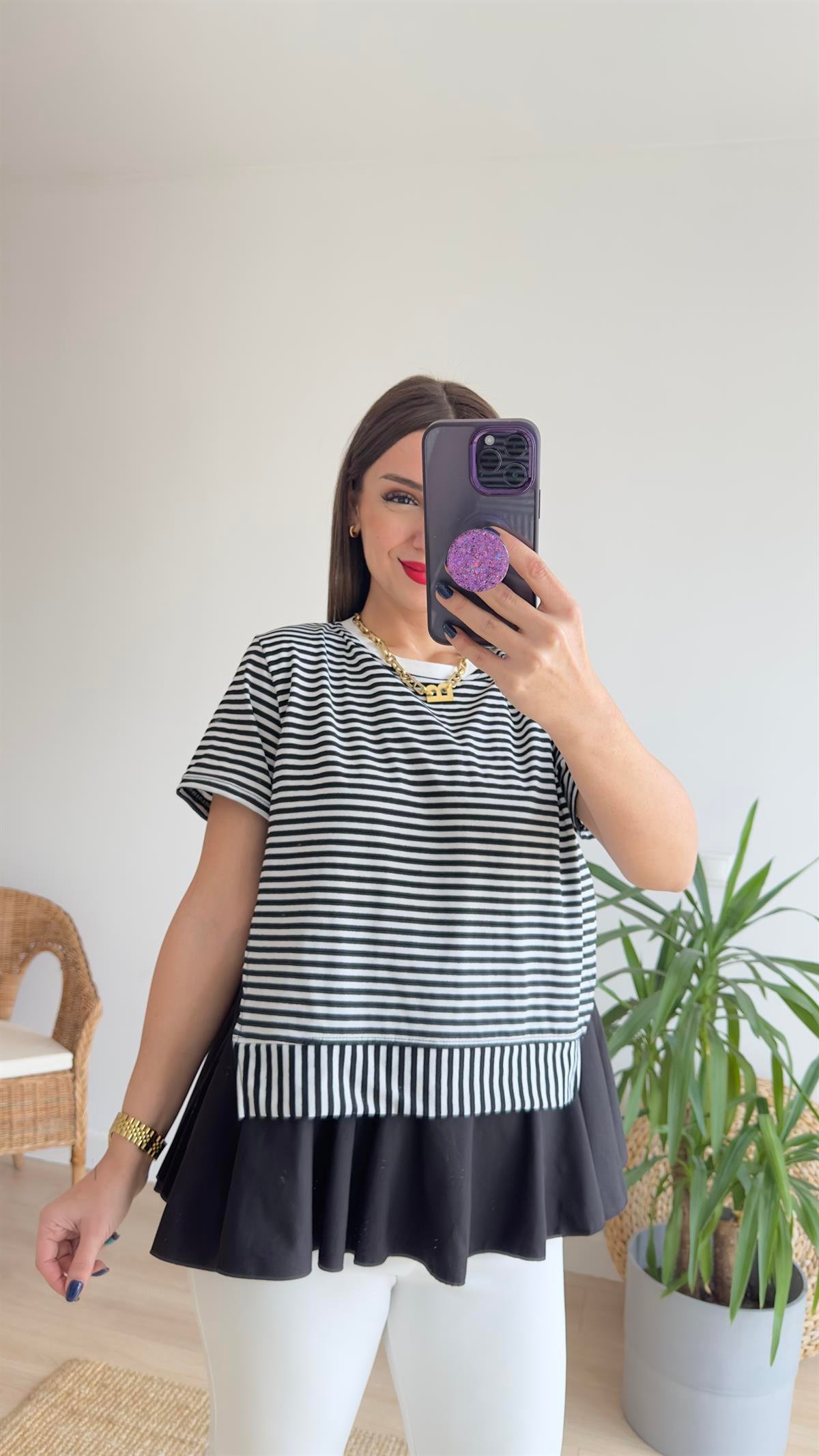 Çizgili Siyah Poplin Detaylı Tshirt
