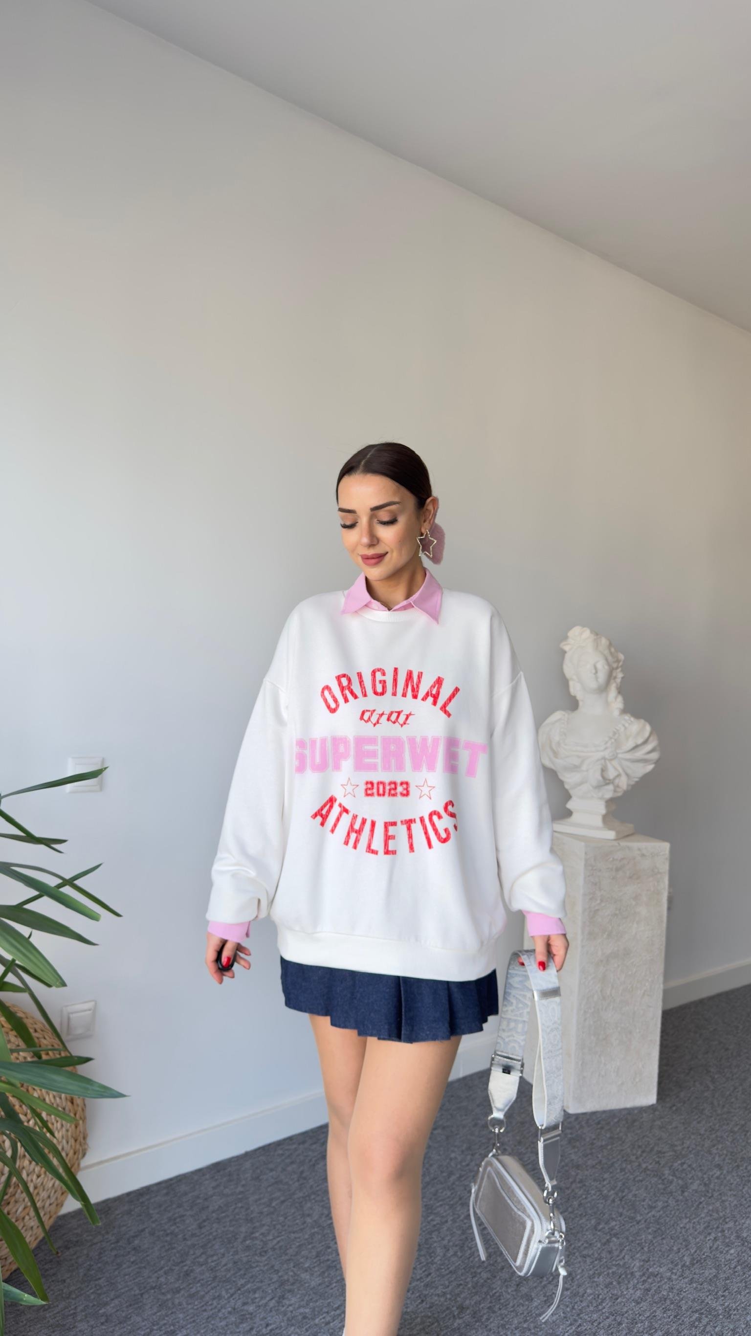 Pembe Superwet Baskı Sweatshirt