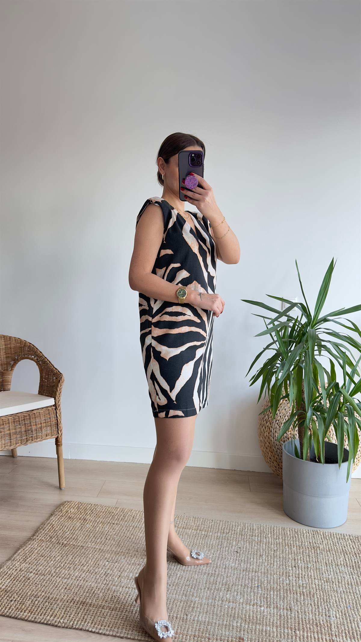 Laila Zebra Desen Vatkalı Elbise 