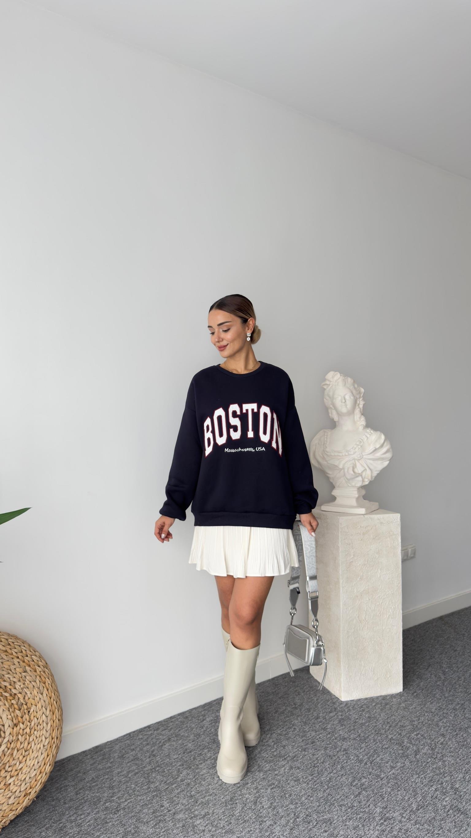 Boston Yazılı Sırt Fermuar Detay Sweatshirt