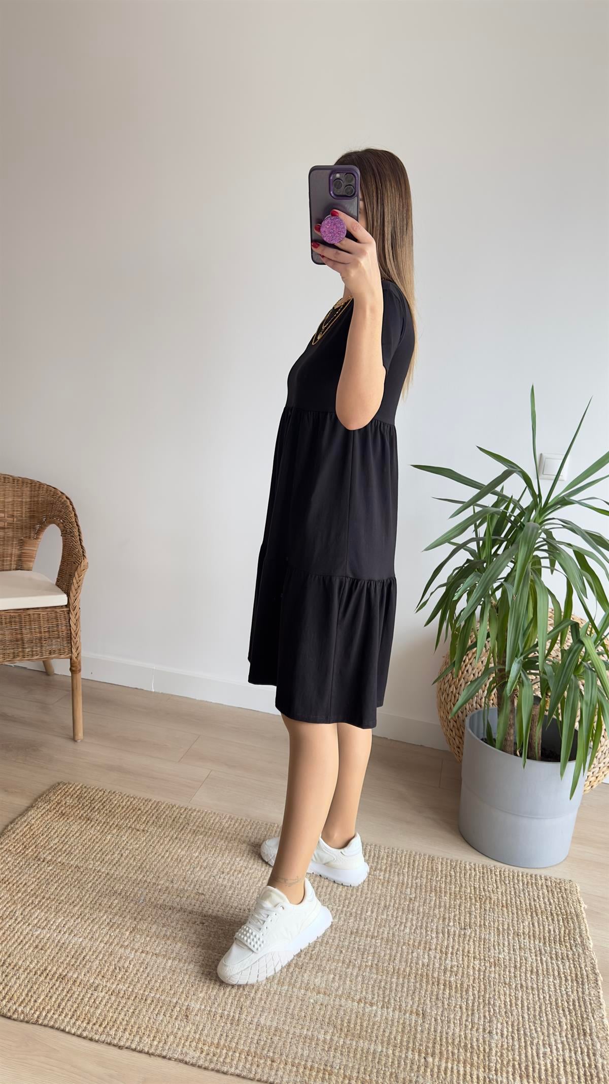 Lola Volanlı Siyah Basic Elbise
