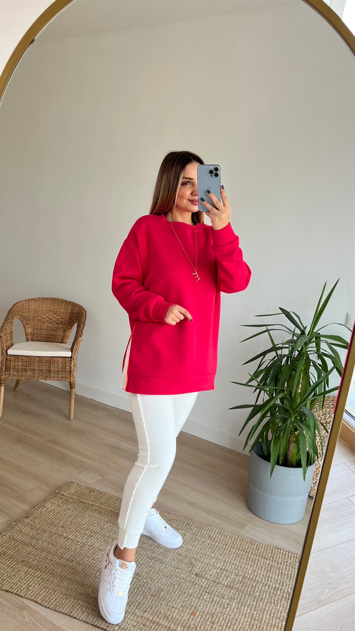 Yanı Fermuar Detaylı Salaş Fuşya Sweat