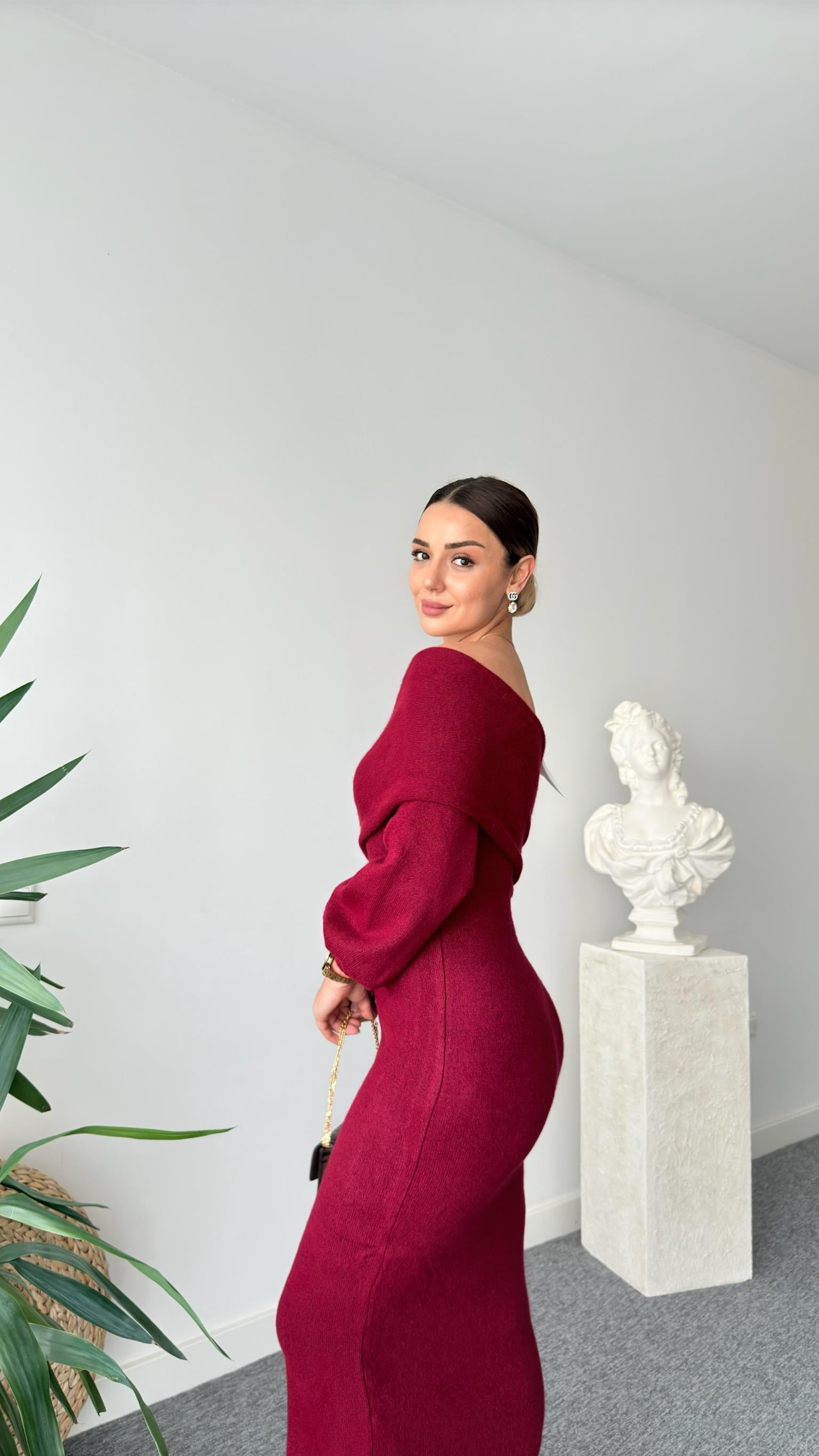 Bordo Nueve Gömlek Yaka Triko Elbise 