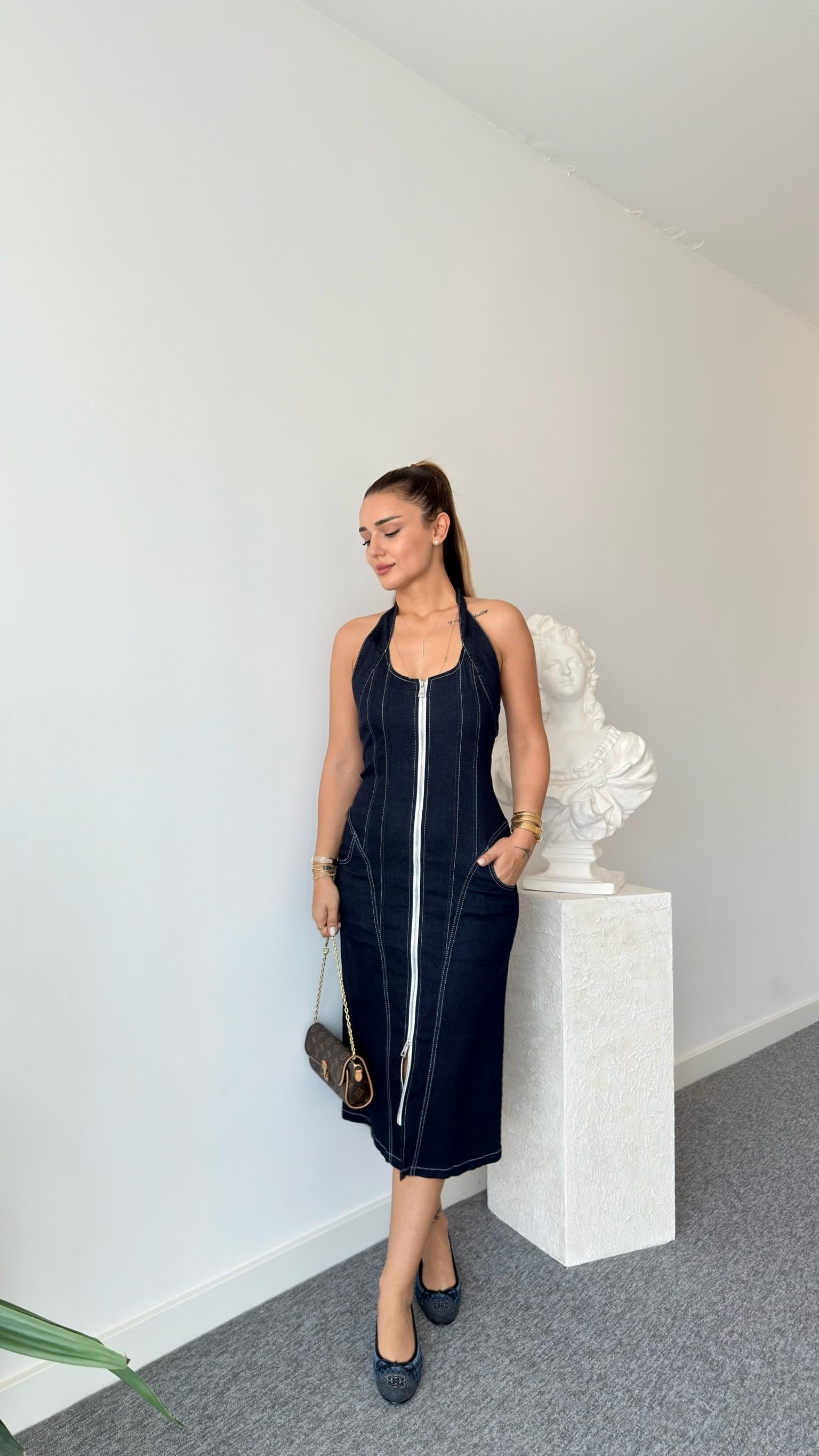 Reyes Marka Model Fermuarlı Lacivert Jean Elbise 