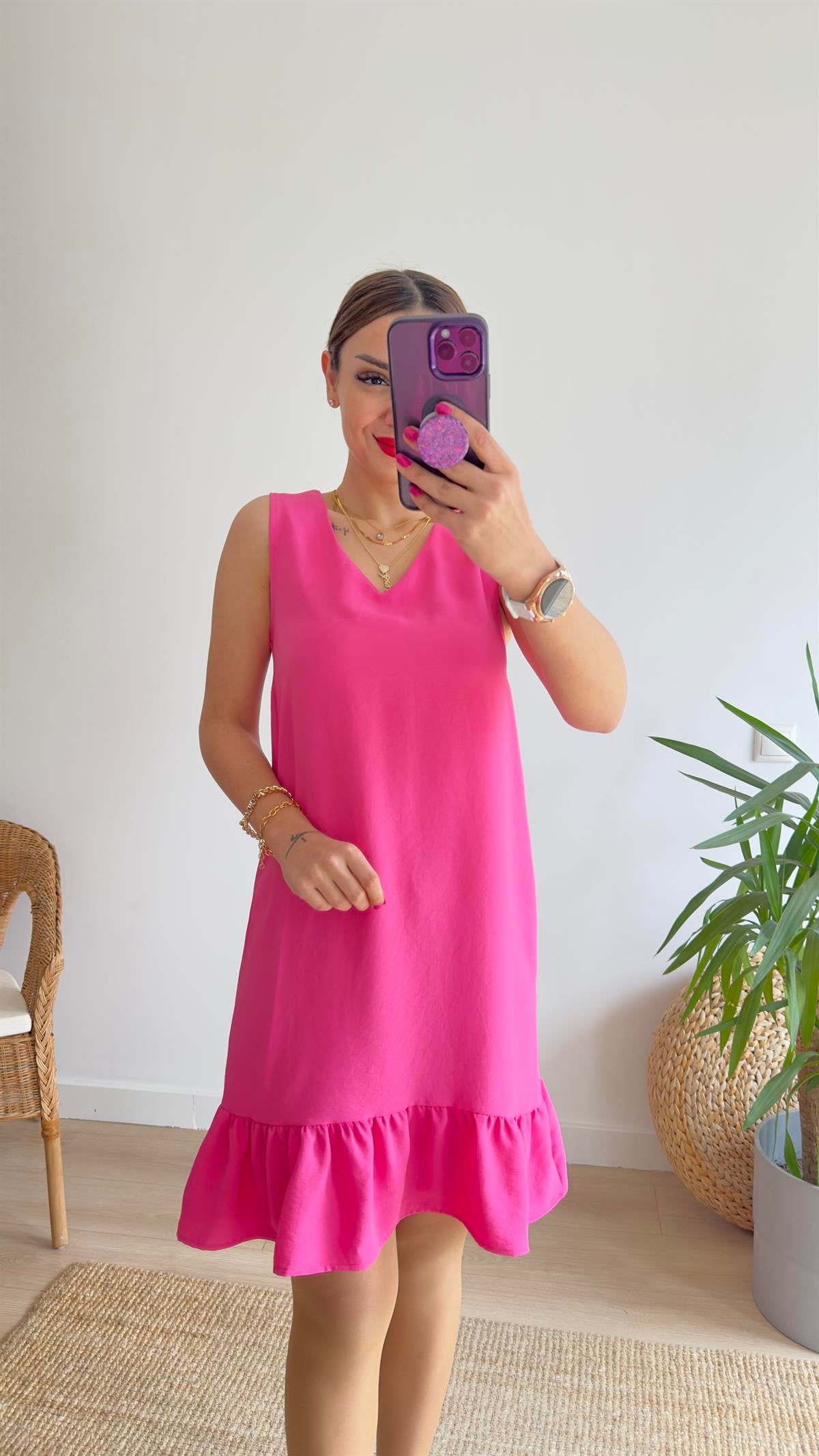 Vita V Yaka Kolsuz Pembe Basic Elbise 