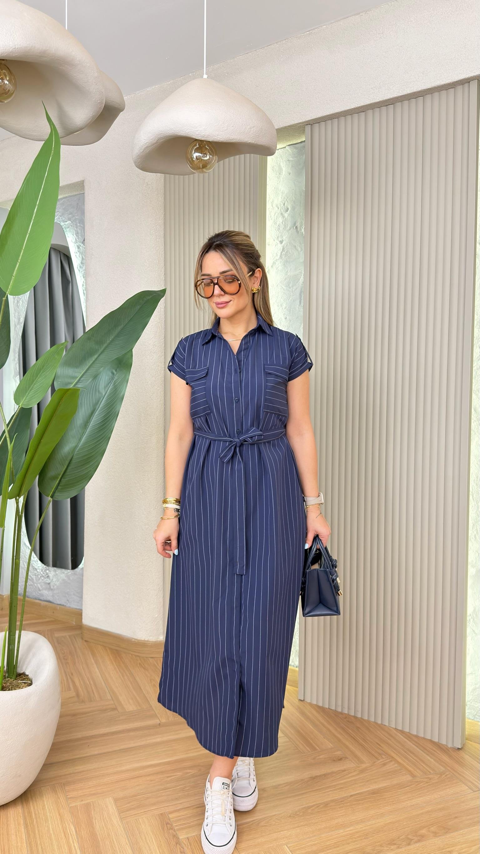 Estali Çizgili Lacivert Elbise 