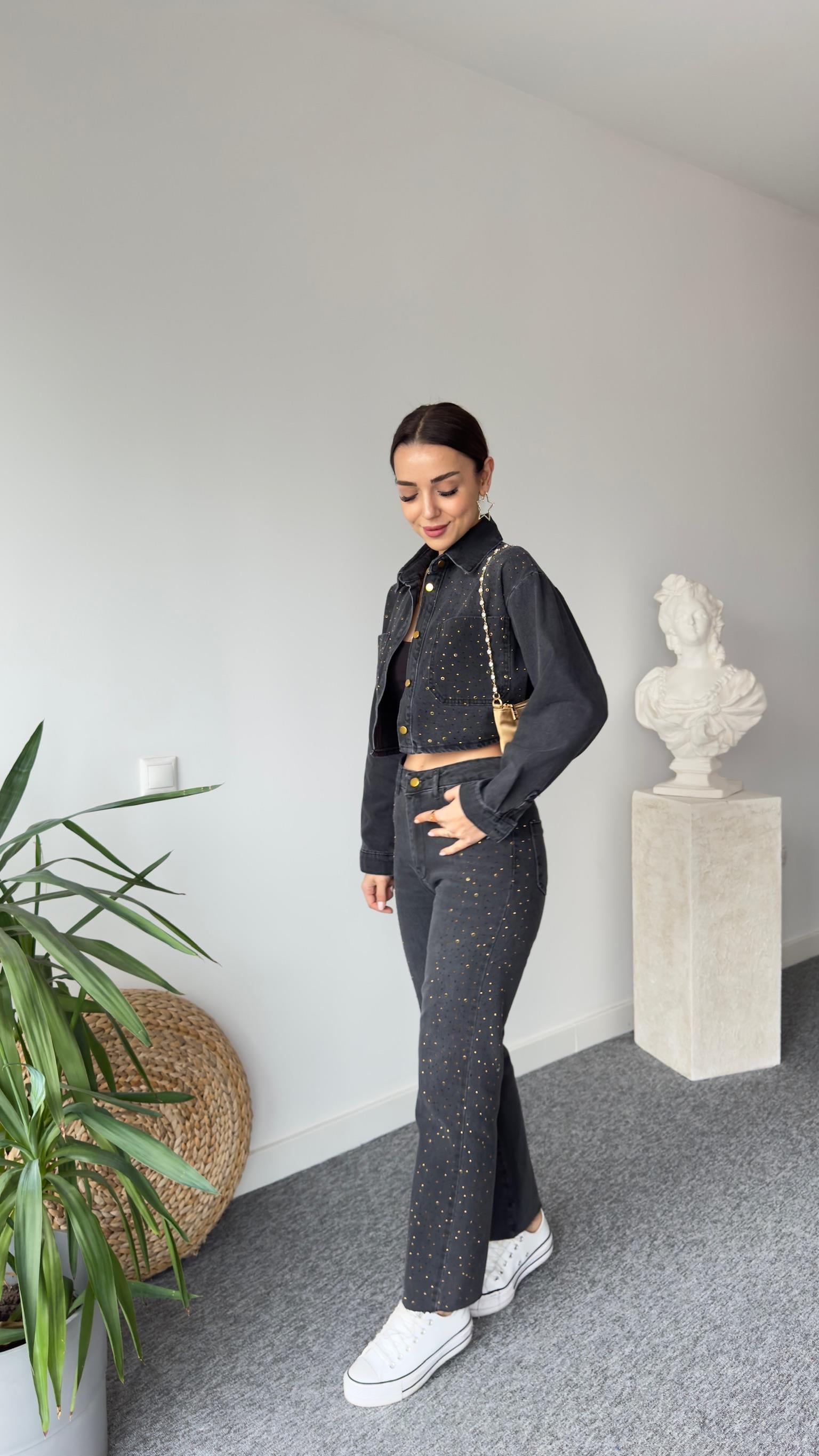 Zra Model Taşlı Antrasit Jean Takım