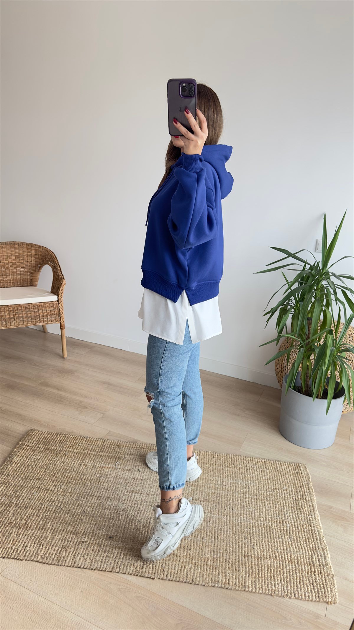 Gömlek Detaylı Mavi Kapüşonlu Sweat