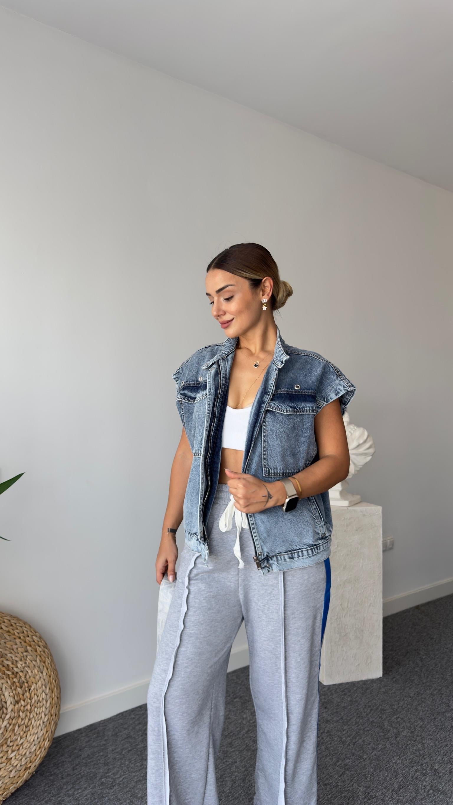 Kuş Gözlü Denim Yelek