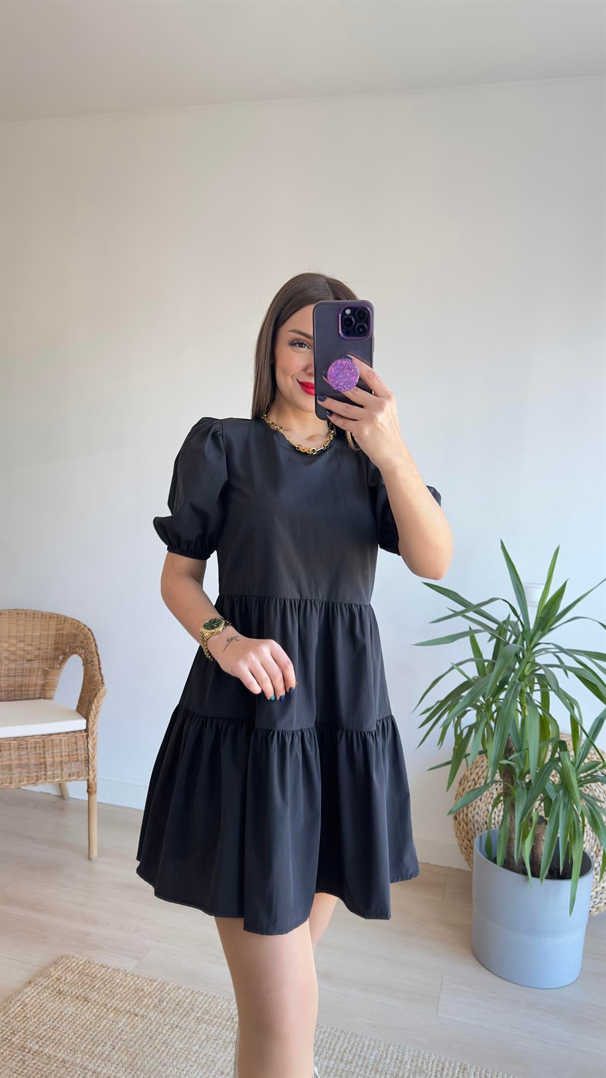 Sırt Pencereli Siyah Poplin Elbise