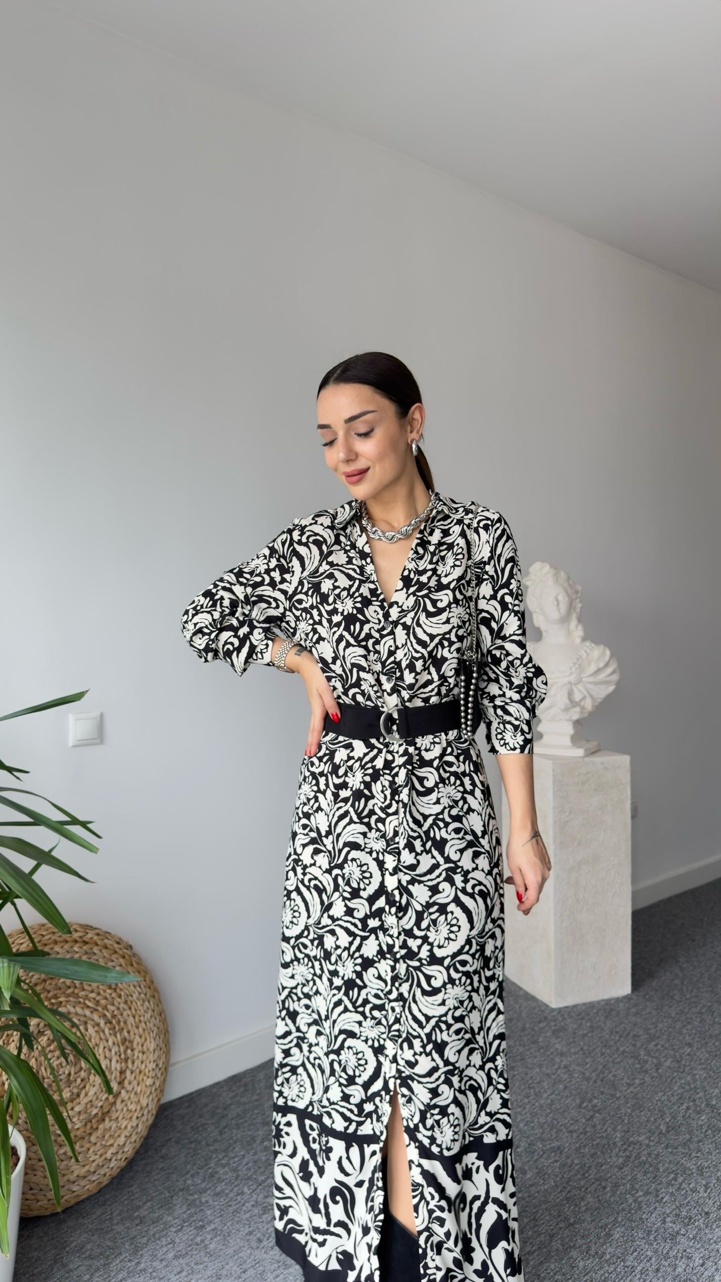 Kemerli Etnik Desen Maxi Crep Elbise