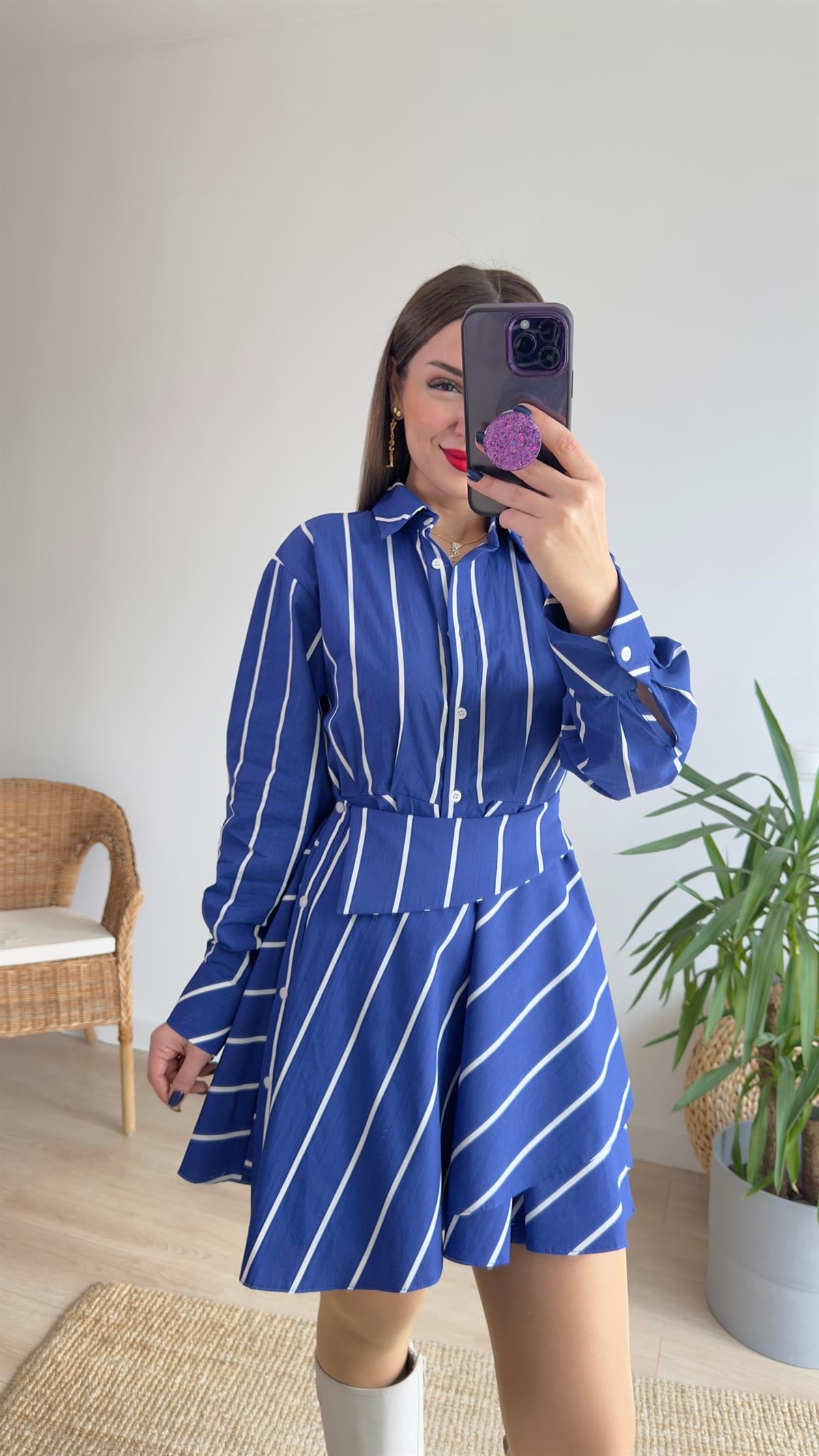 Tasarım Çizgili Poplin Elbise 
