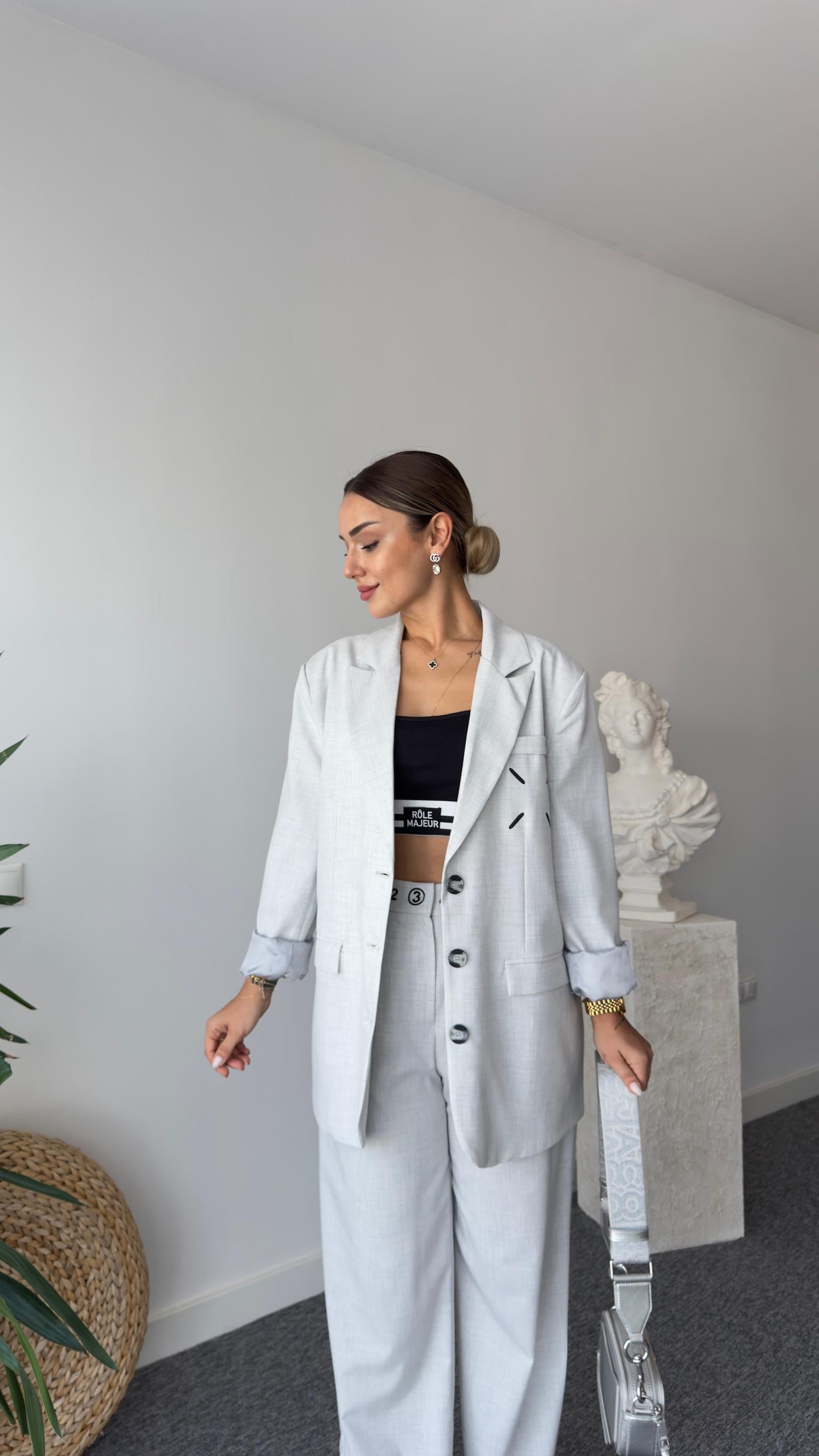 Aisha Baskı Detay Gri Blazer Ceket