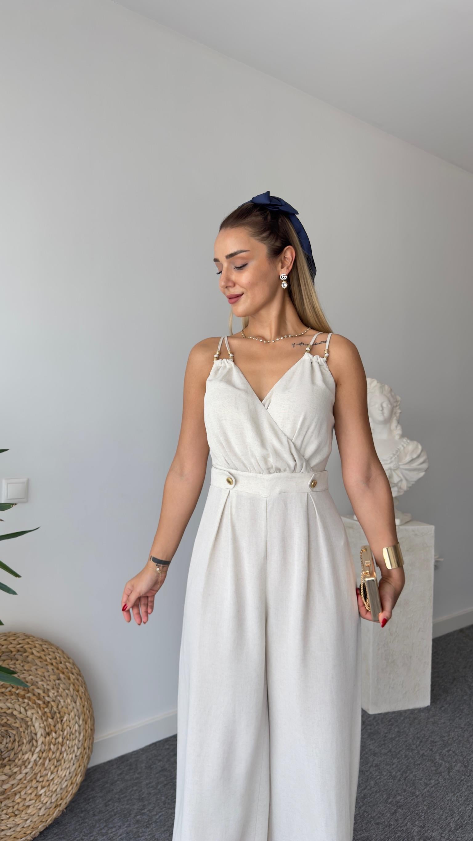 Lıu Gold Detaylı Bej Keten Tulum