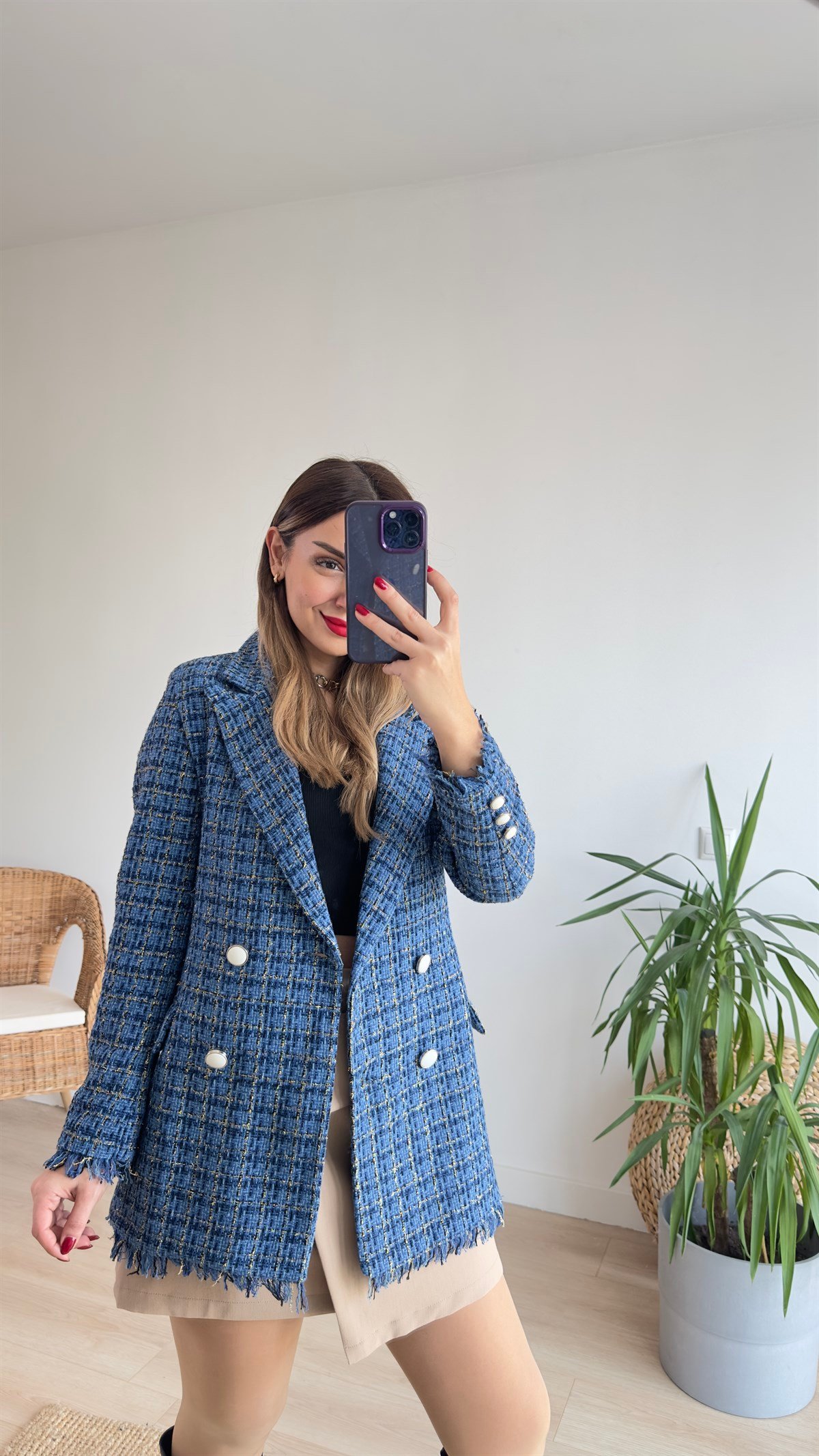 Püsküllü Mavi Blazer Ceket
