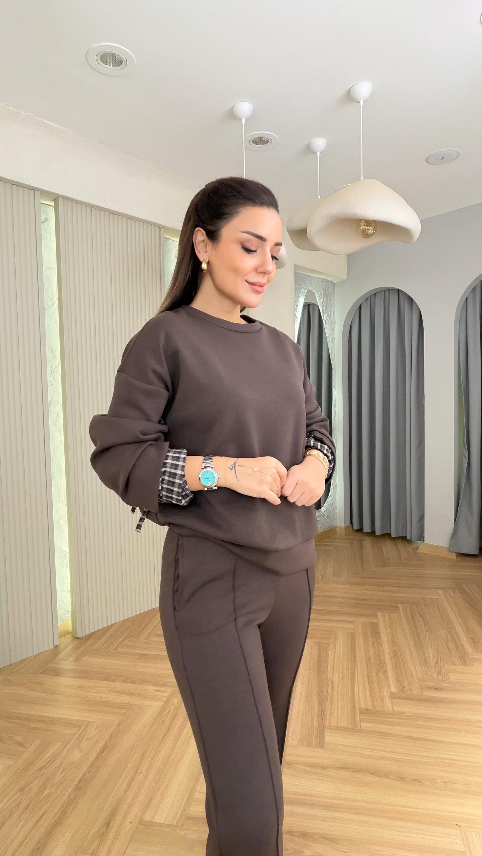 Kahve Kolları Büzgü Ekose Detay Modal Takım