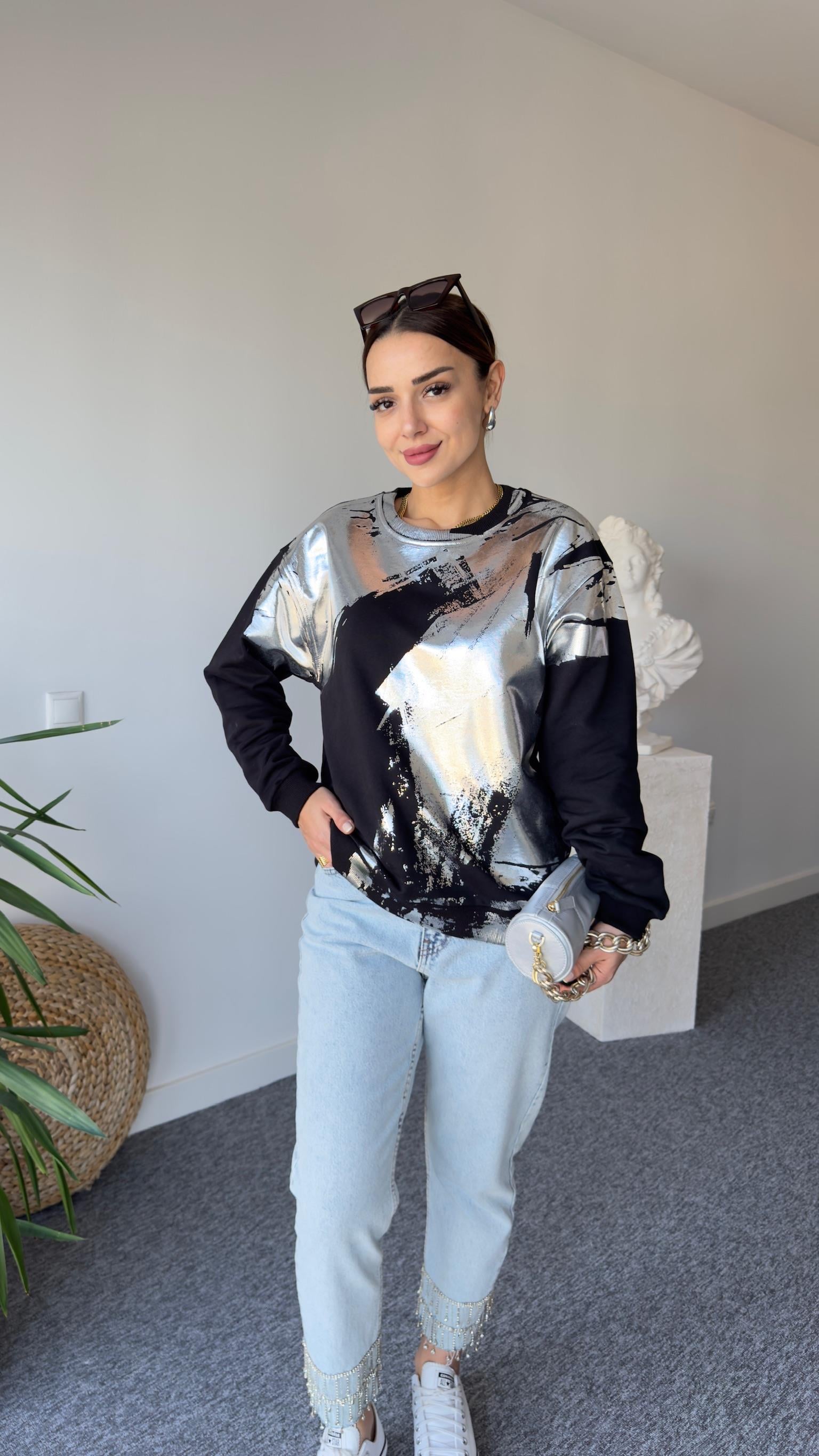 Carry Varaklı Siyah Sweatshirt