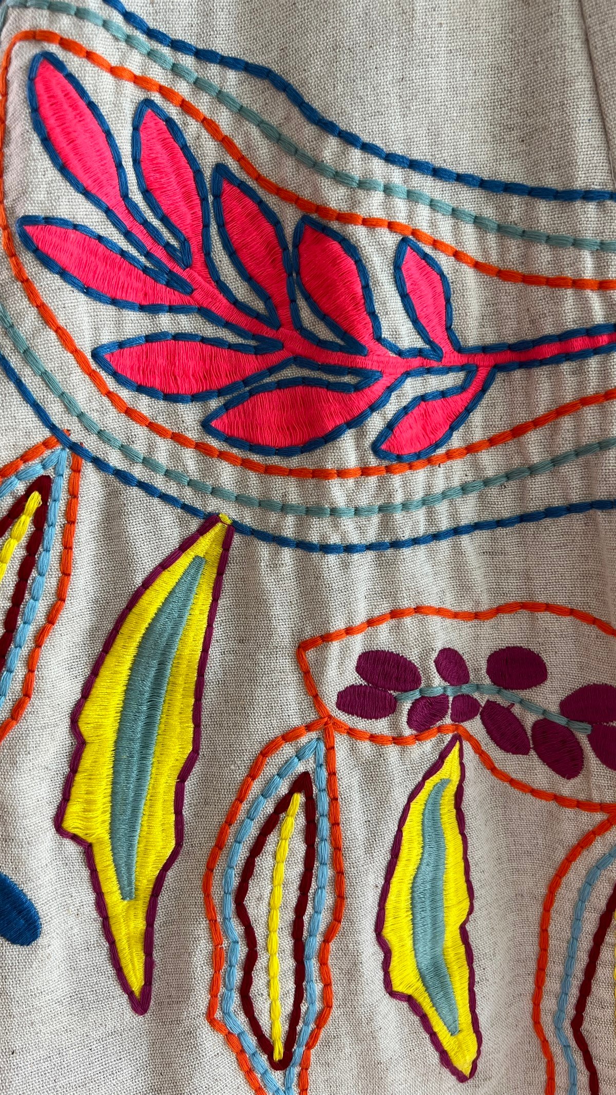 Renkli Nakış Detaylı Keten Kimono