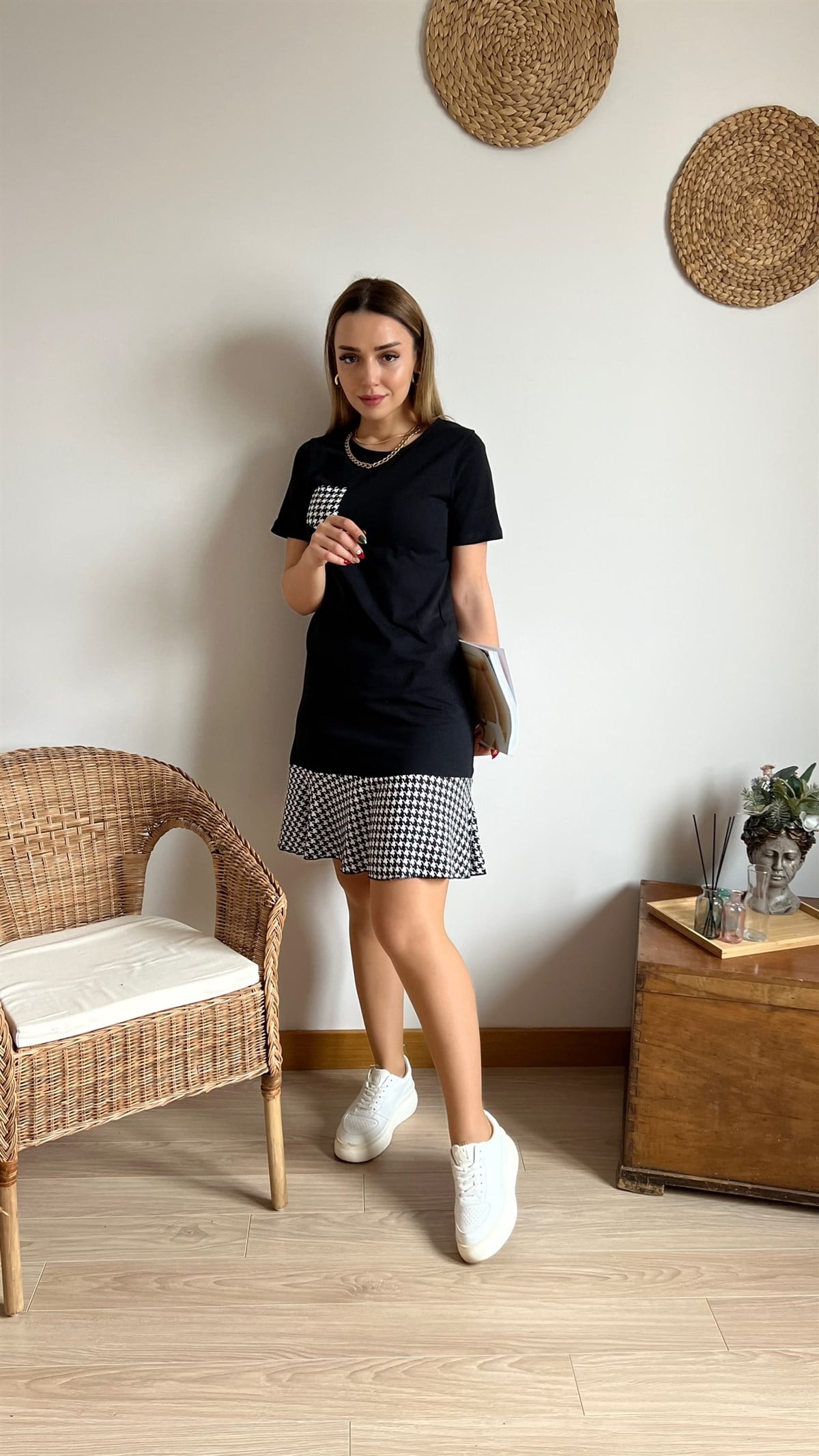 Kaz Ayağı Desen Basic Elbise