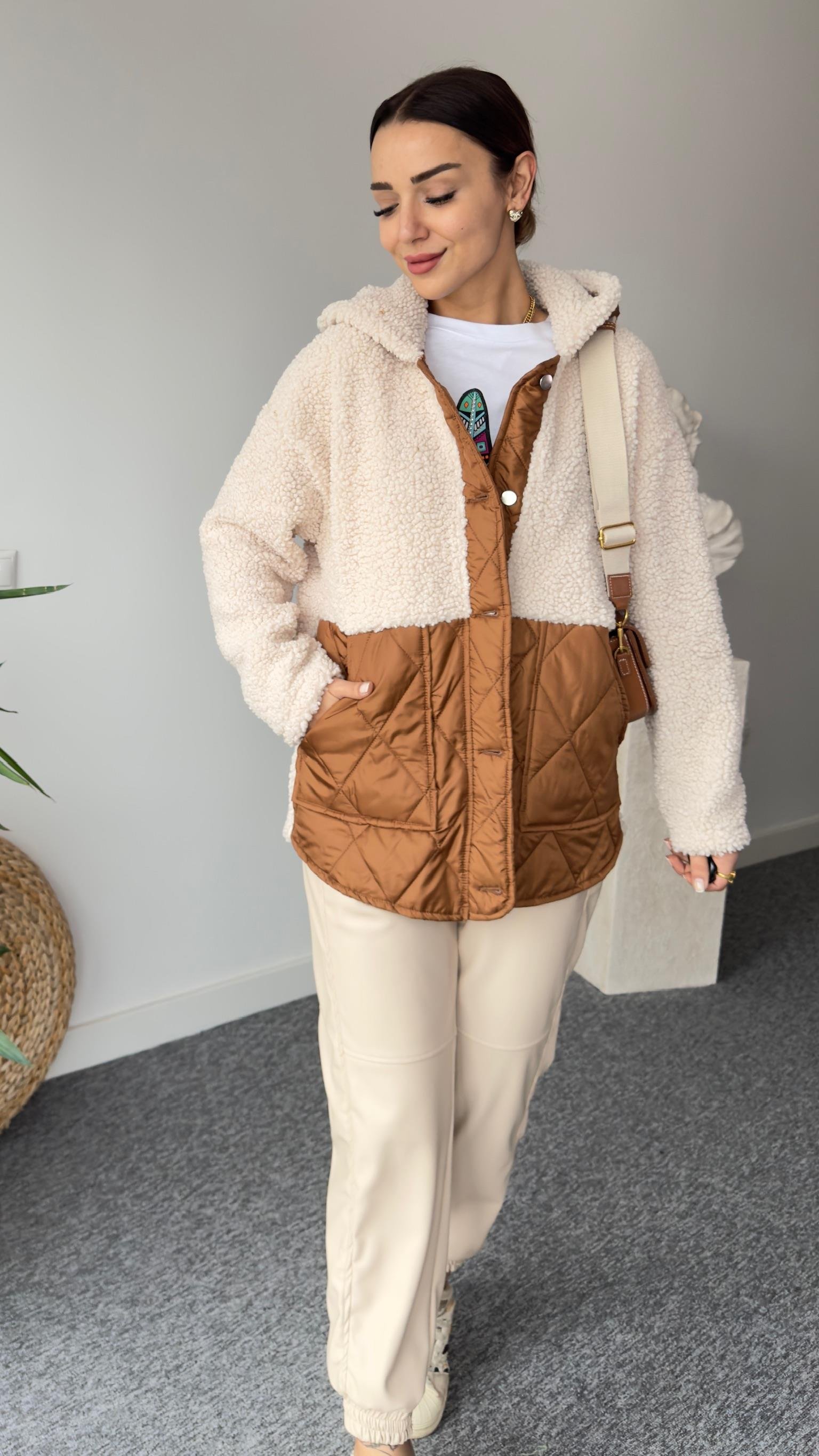 Kahve Kapitone Detaylı Ekru Teddy Ceket