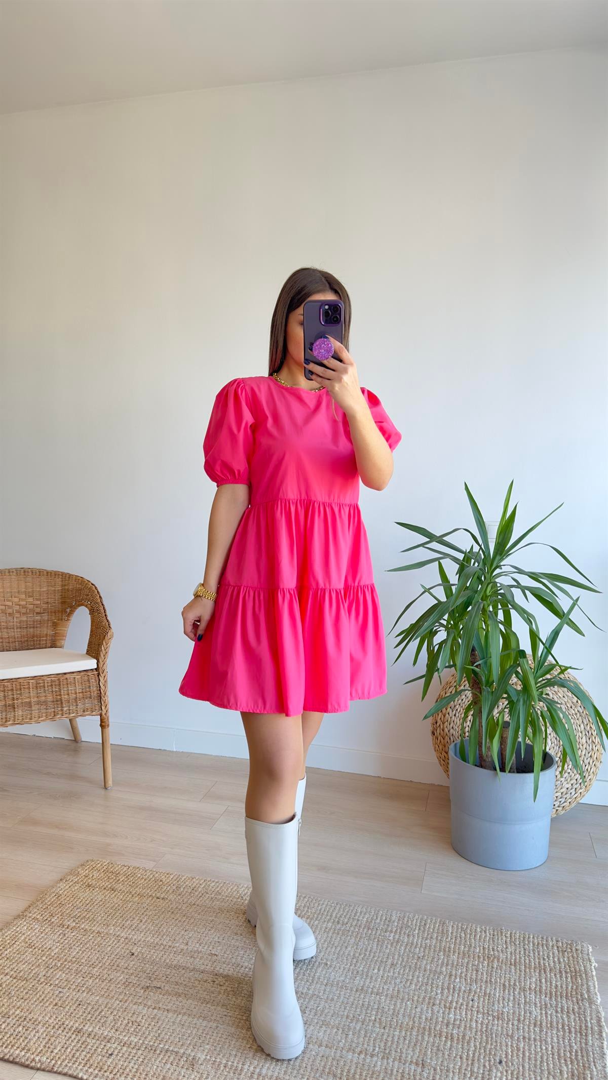 Sırt Pencereli Pembe Poplin Elbise