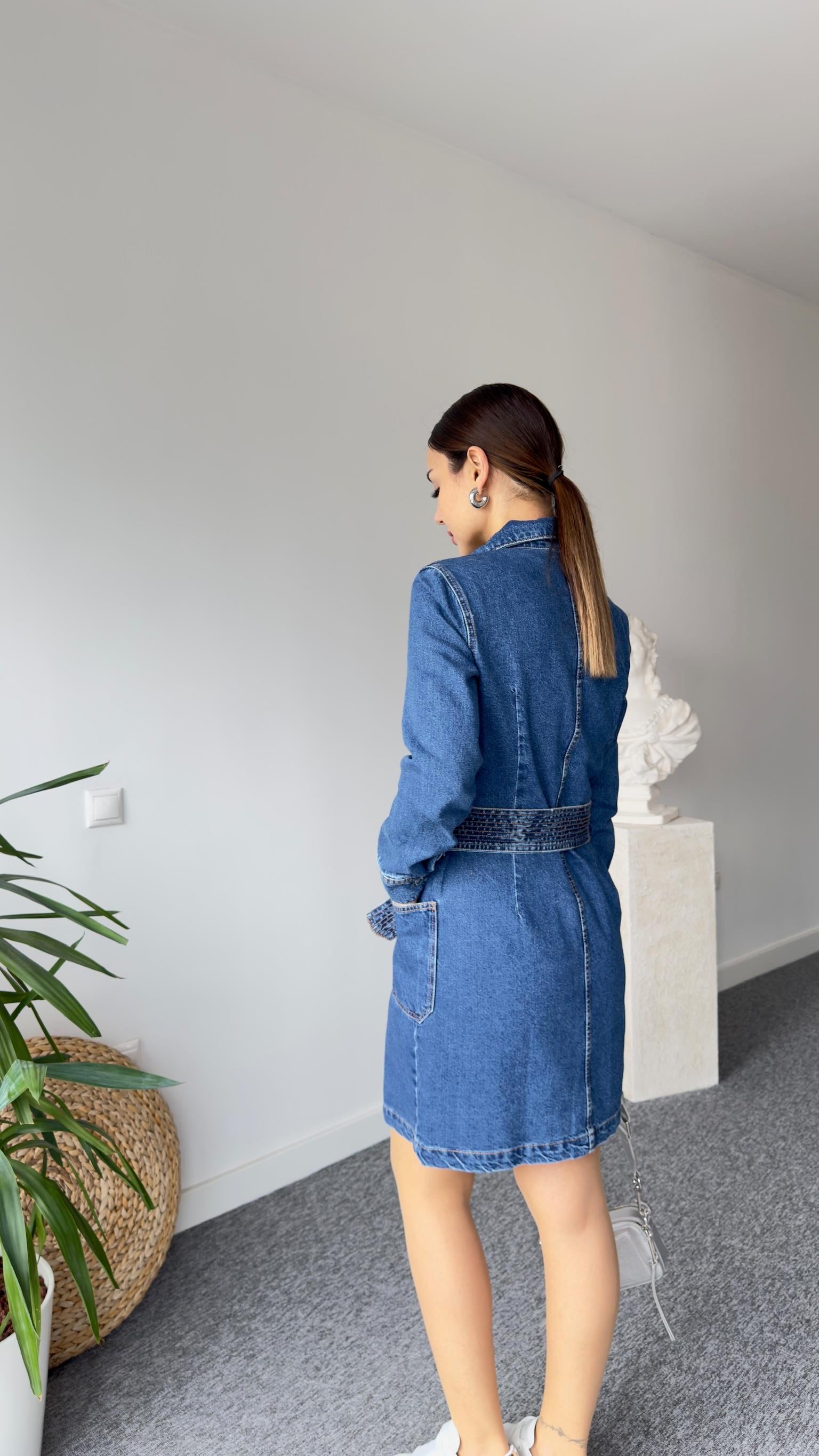 Orj Marka Alpa Kemerli Denim Elbise 
