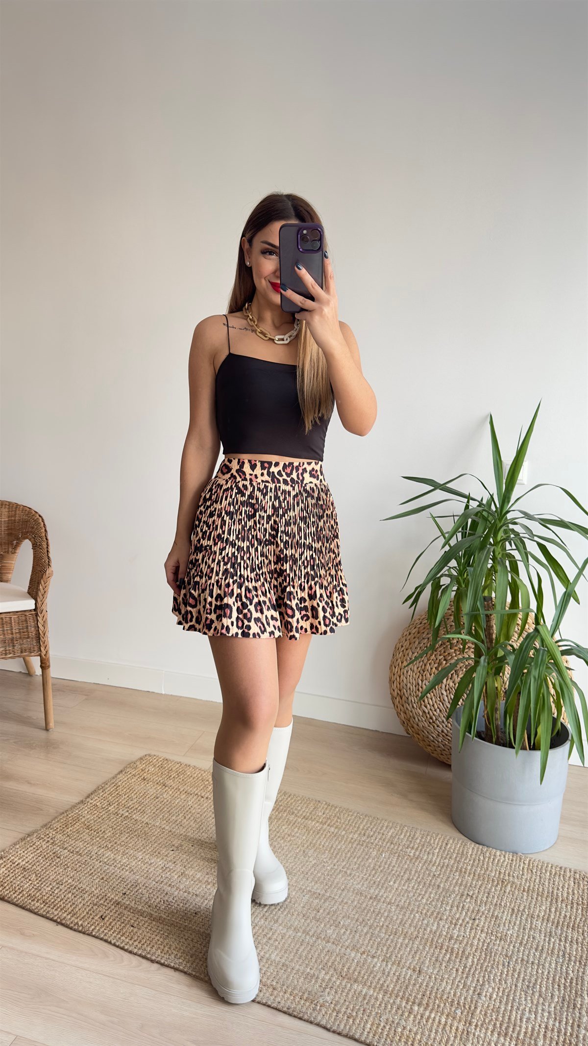 Piliseli Leopar Desenli Şort Etek