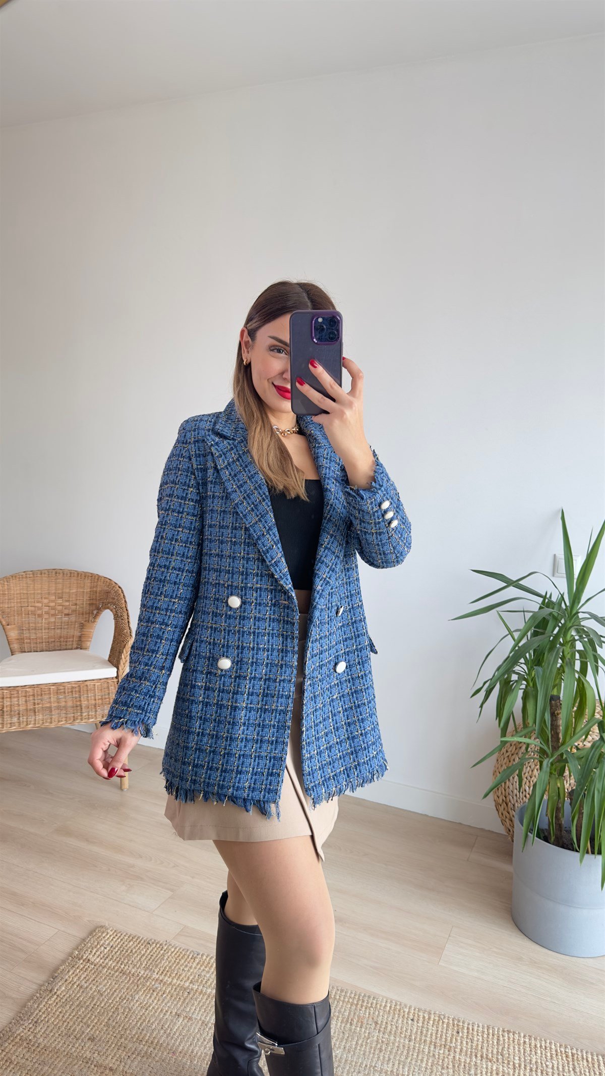 Püsküllü Mavi Blazer Ceket