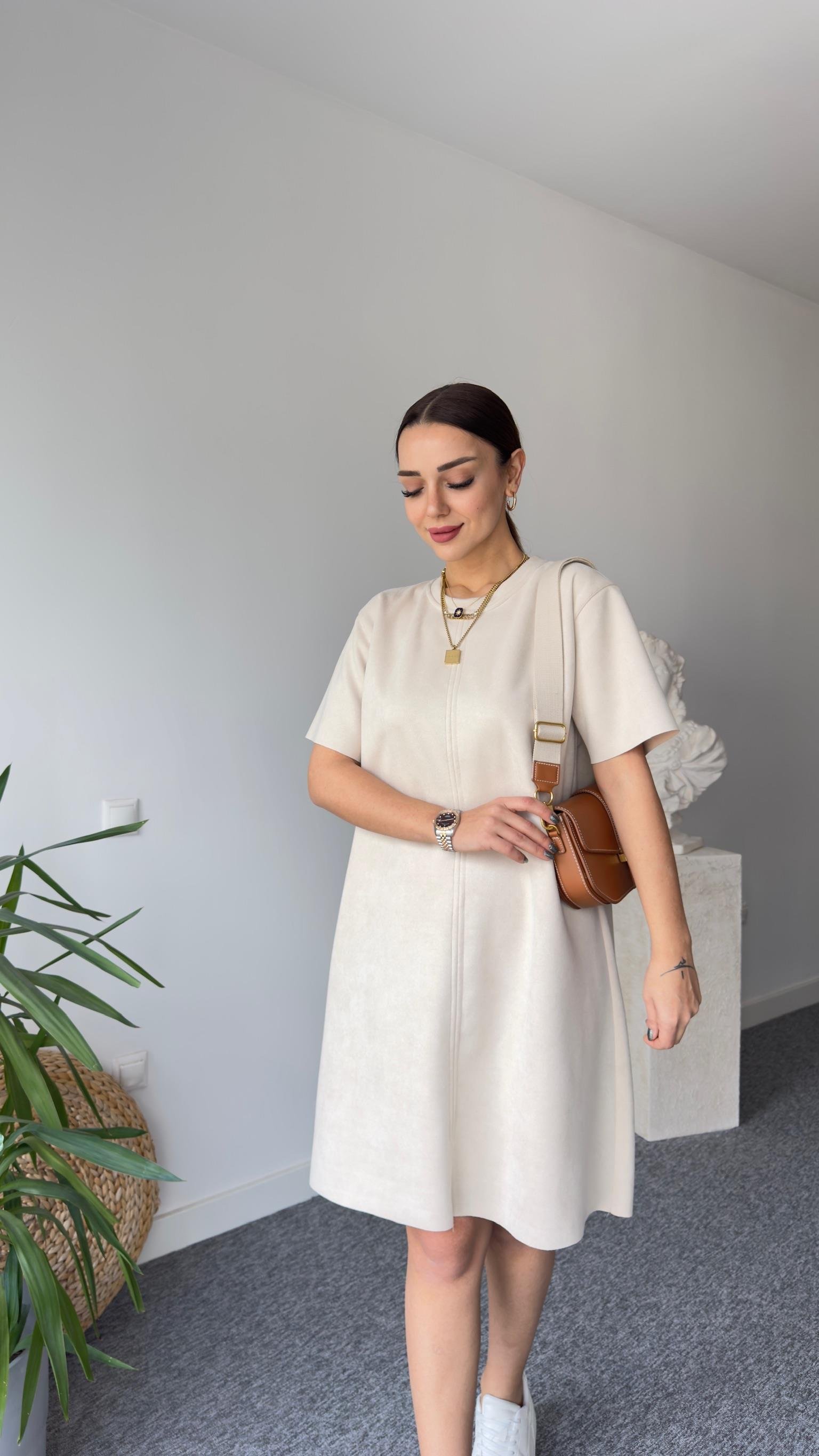 Krem Süet Basic Elbise