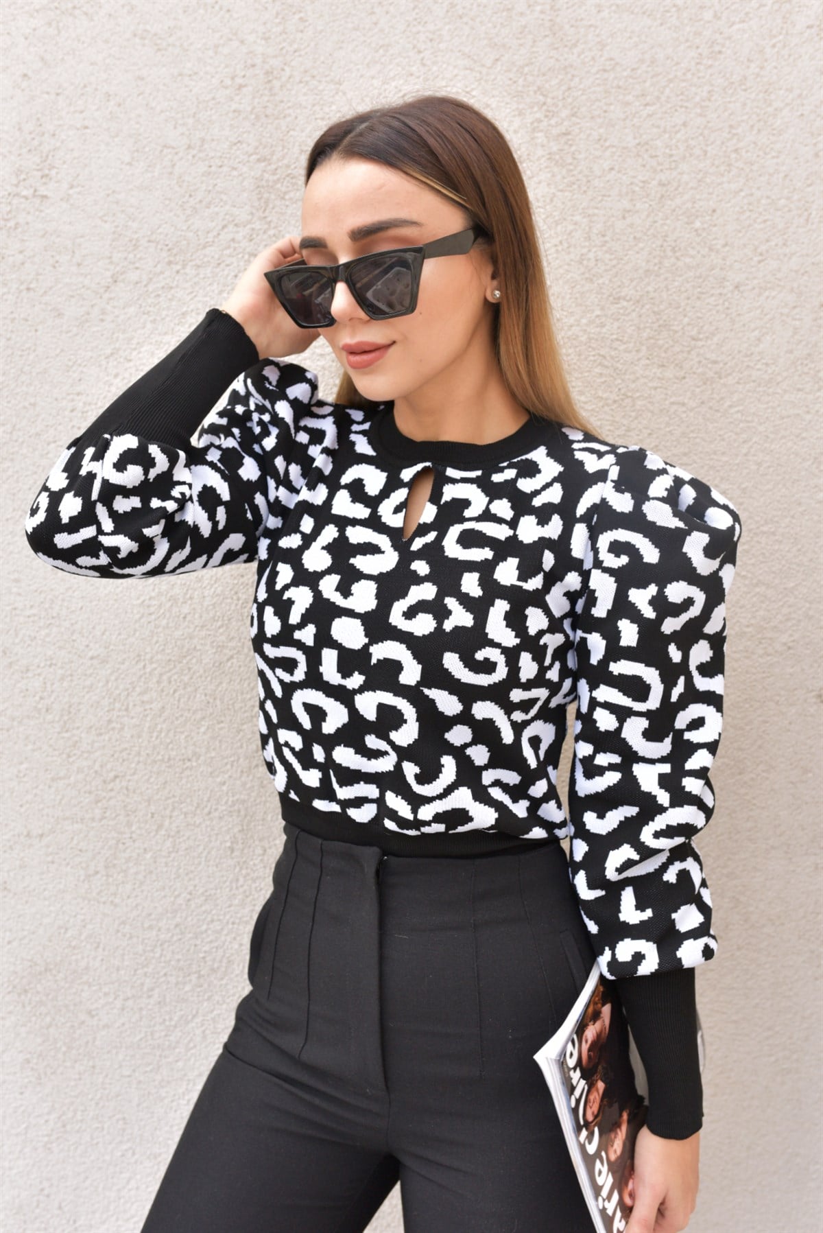 Beyaz Leopar Desen Kazak