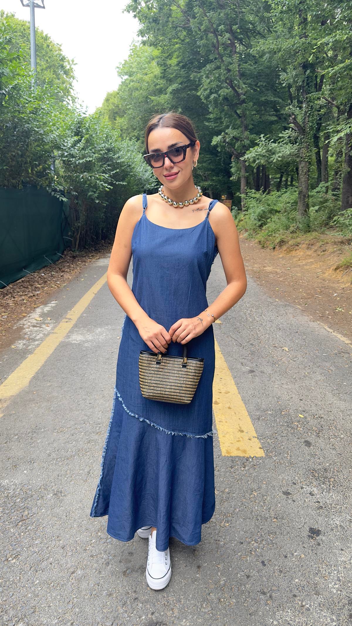 Louf Askılı Lacivert Jean Elbise