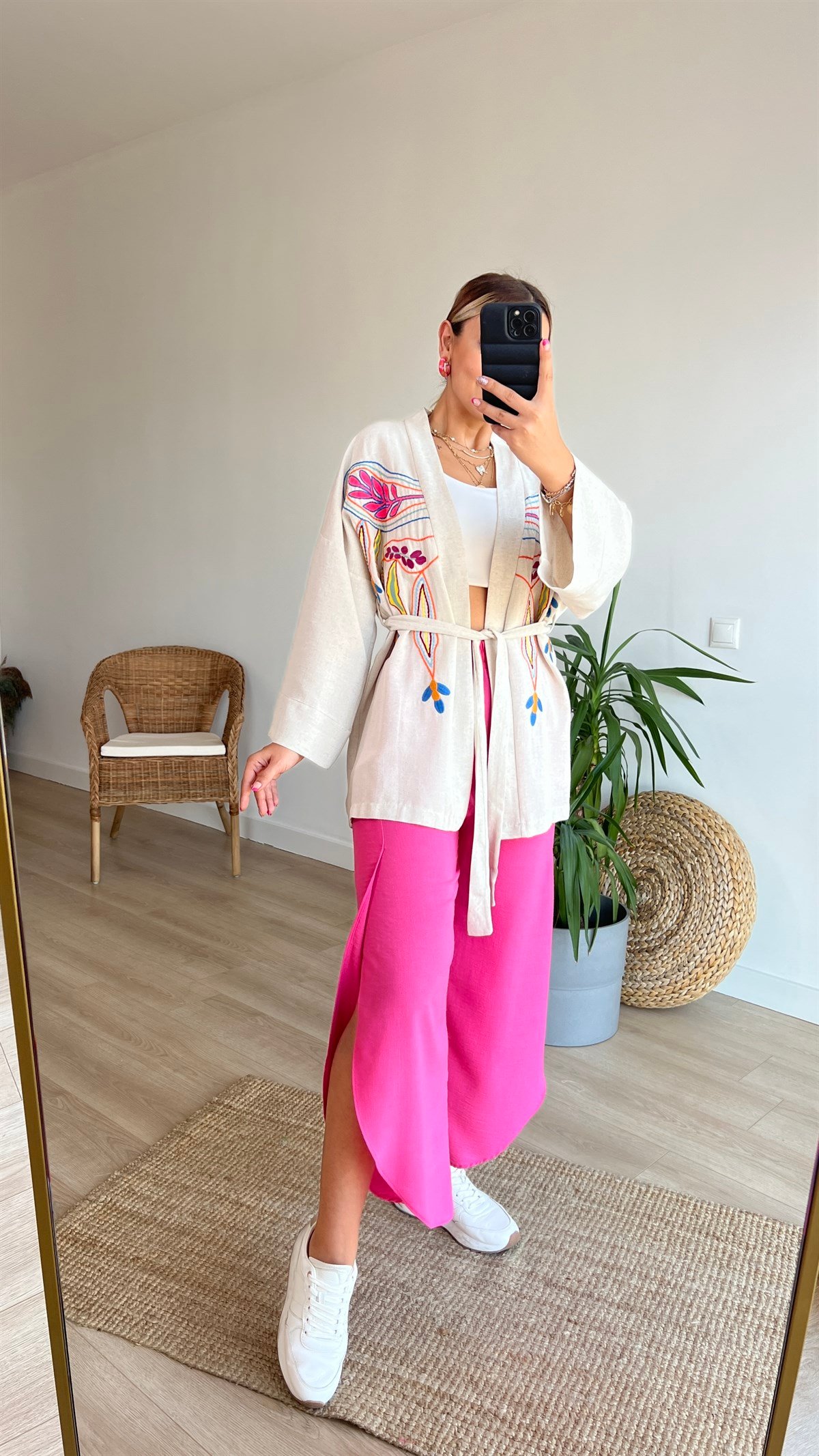 Renkli Nakış Detaylı Keten Kimono