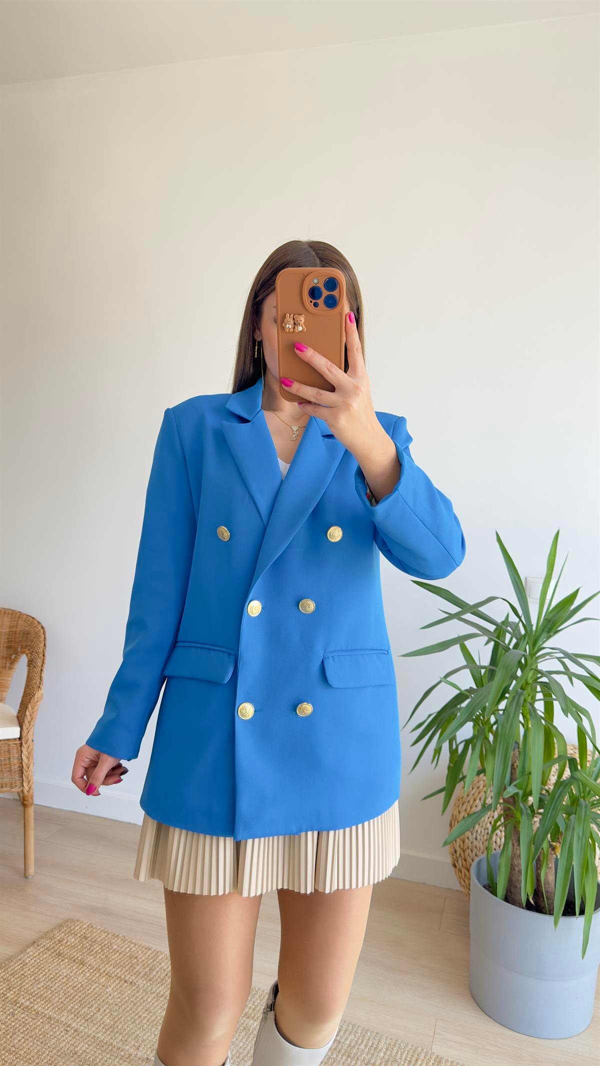 Renkli Astarlı Mavi Blazer Ceket