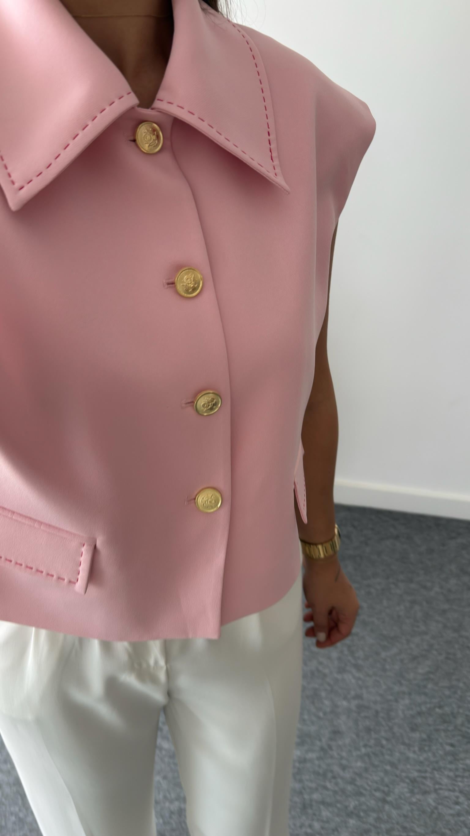 Pembe Gold Düğmeli Dikiş Detaylı Yelek