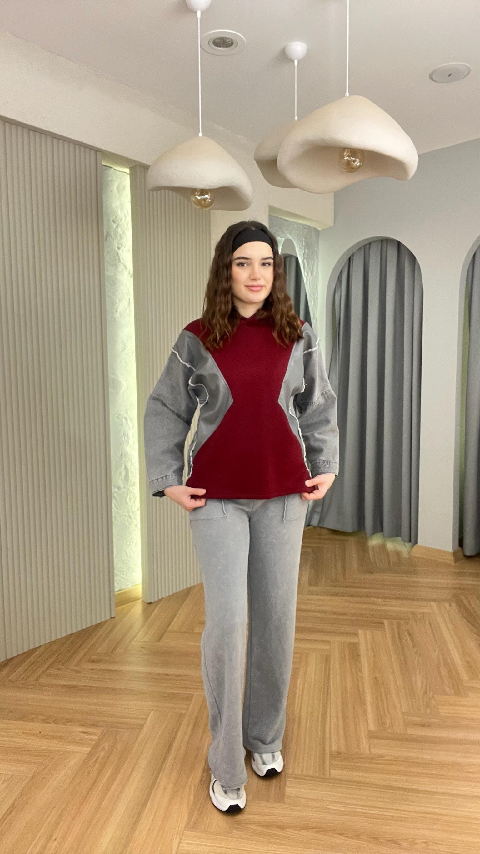 Bordo Kot Ve Deri Garnili Kapüşonlu Sweatshirt