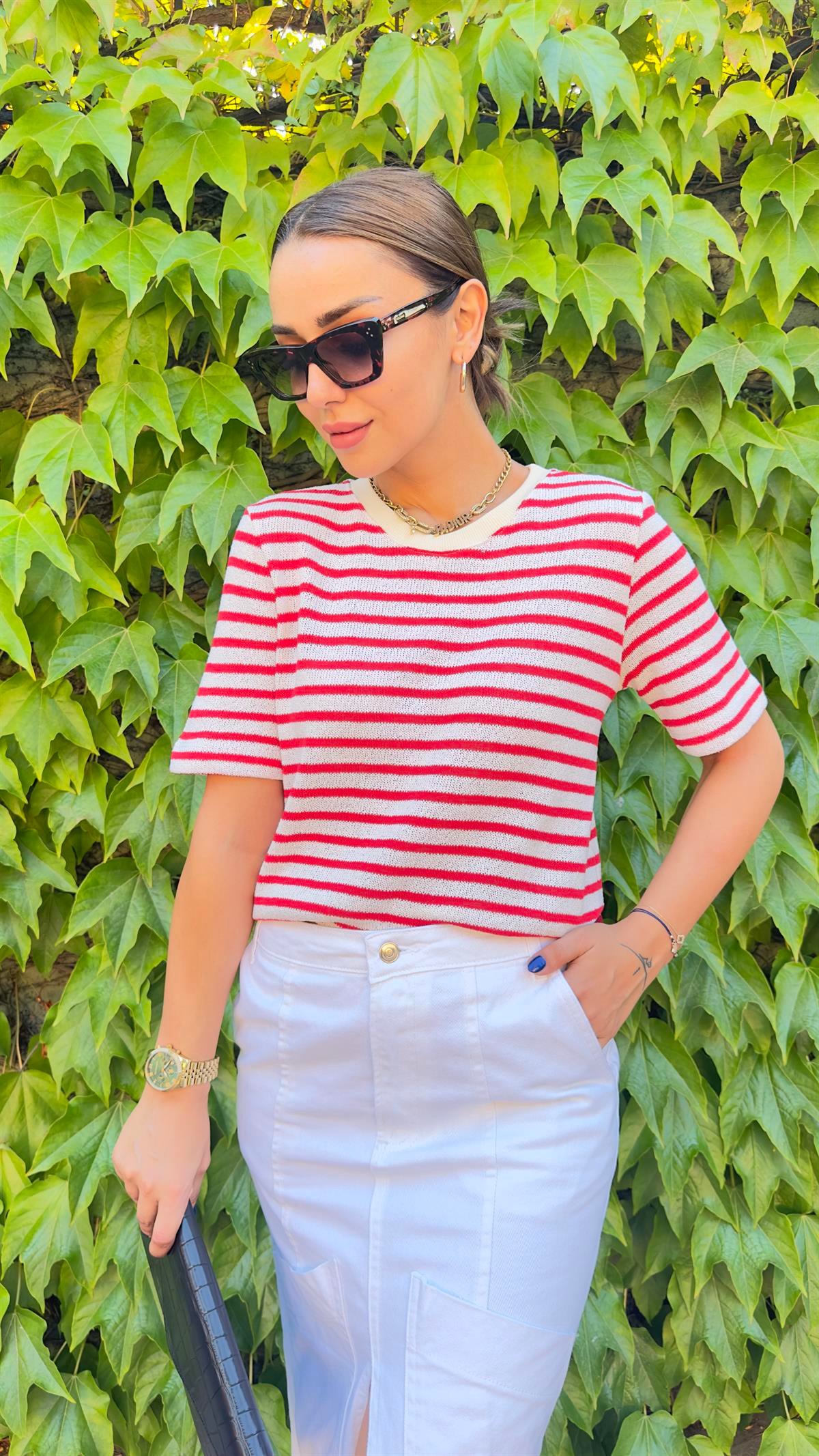 Orj Marka Kırmızı Çizgili Örme Bluz