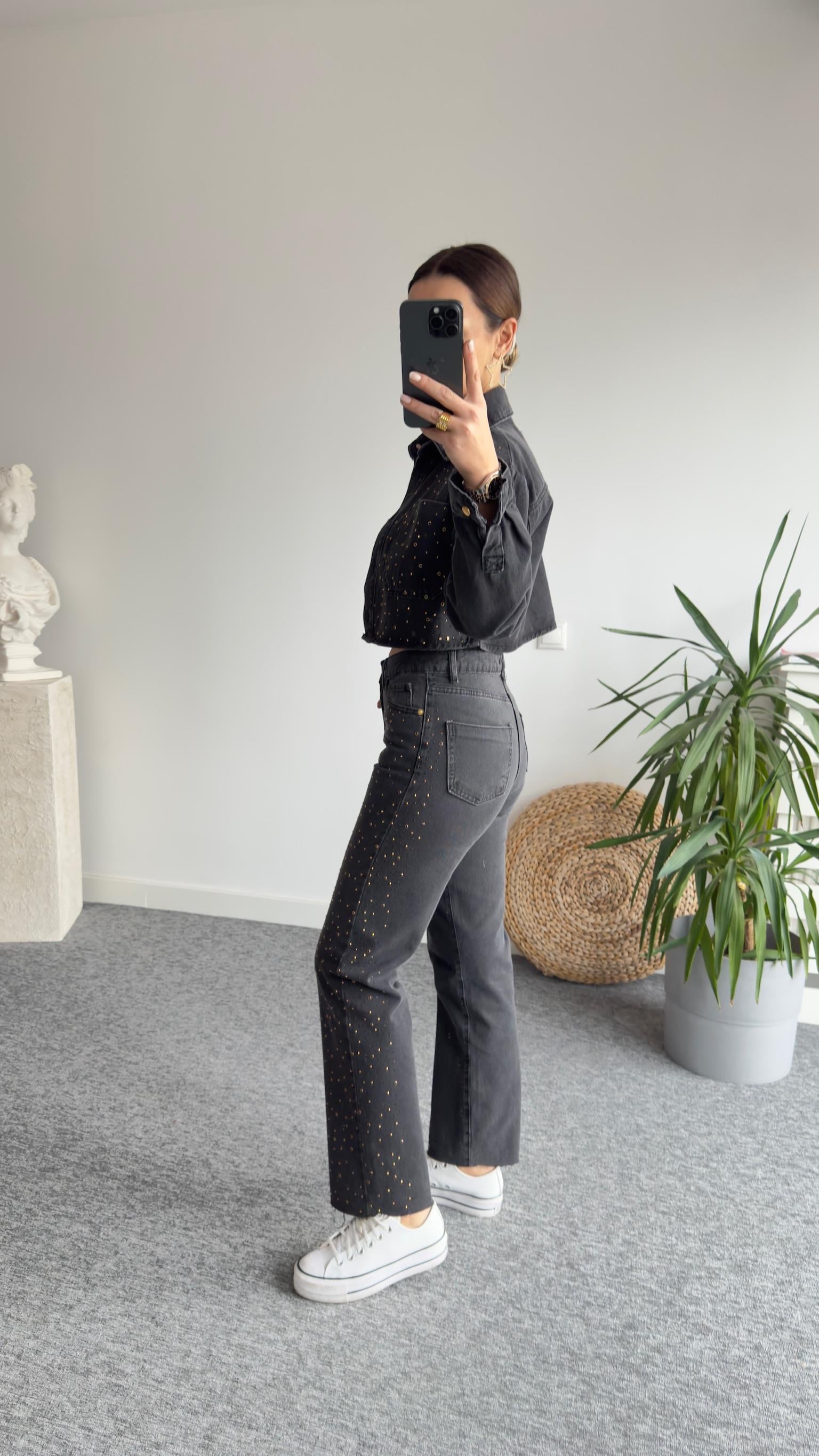 Zra Model Taşlı Antrasit Jean Takım