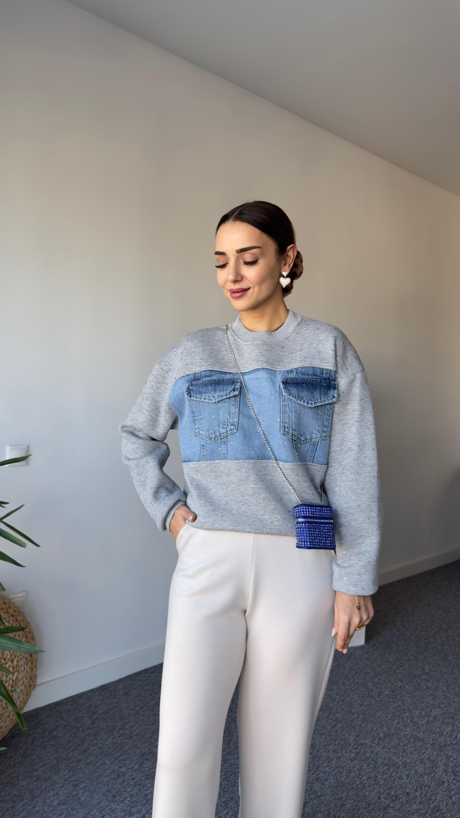 Kais Kot Garnili Taşlı Gri Sweatshirt