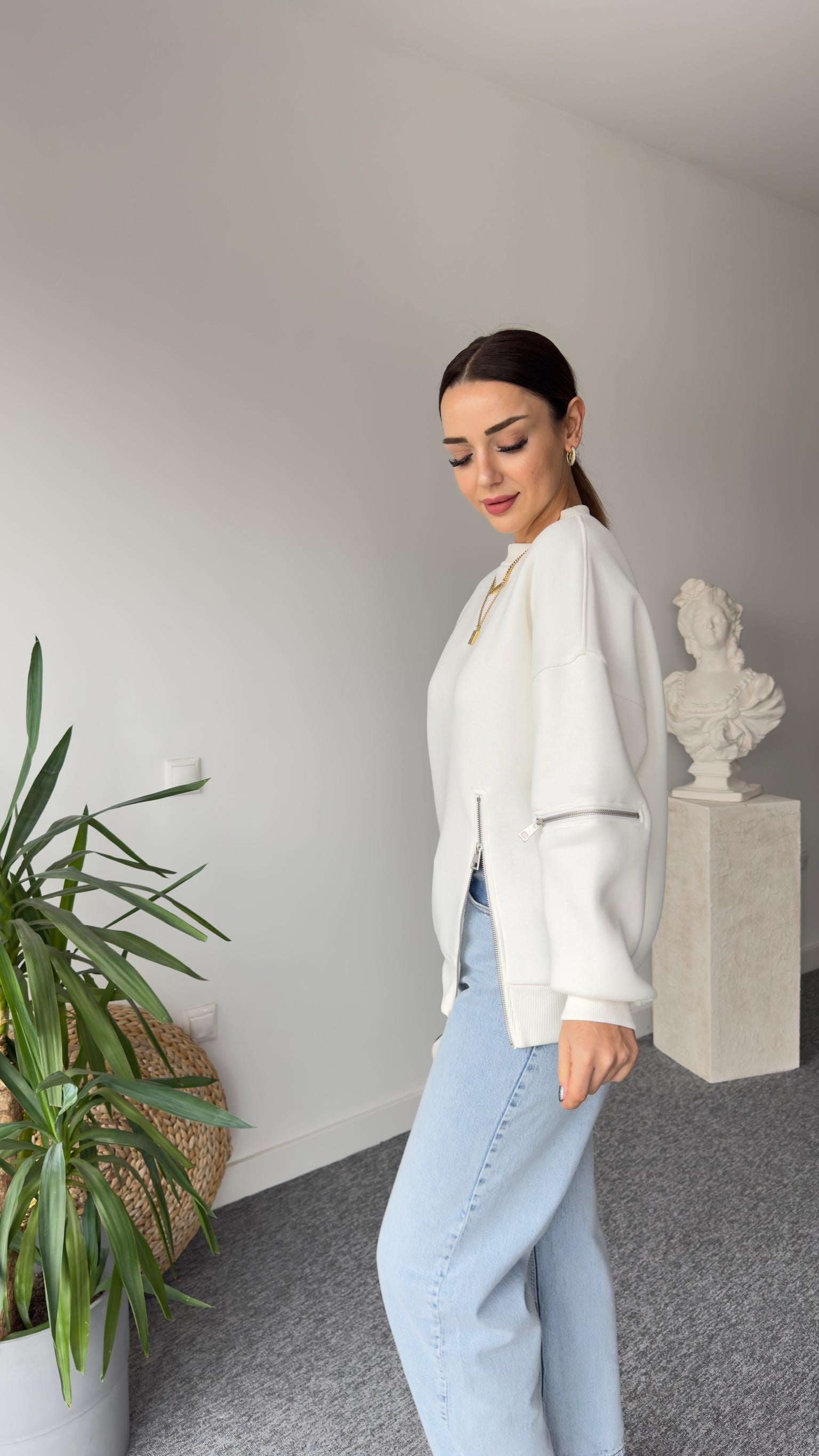 Legra Fermuar Detaylı Beyaz Sweatshirt