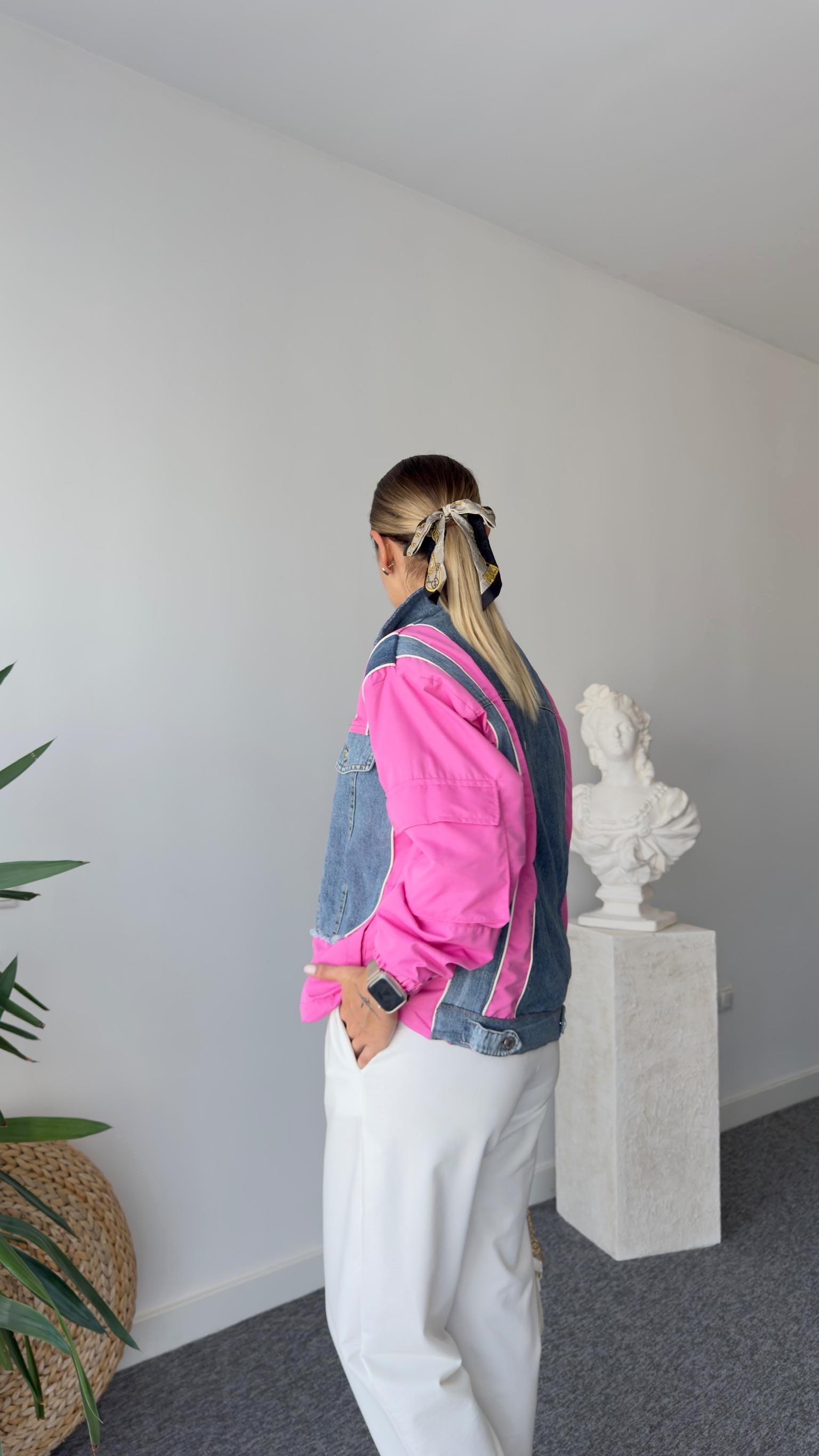 Lucas Pembe Şeritli Denim Mix Ceket