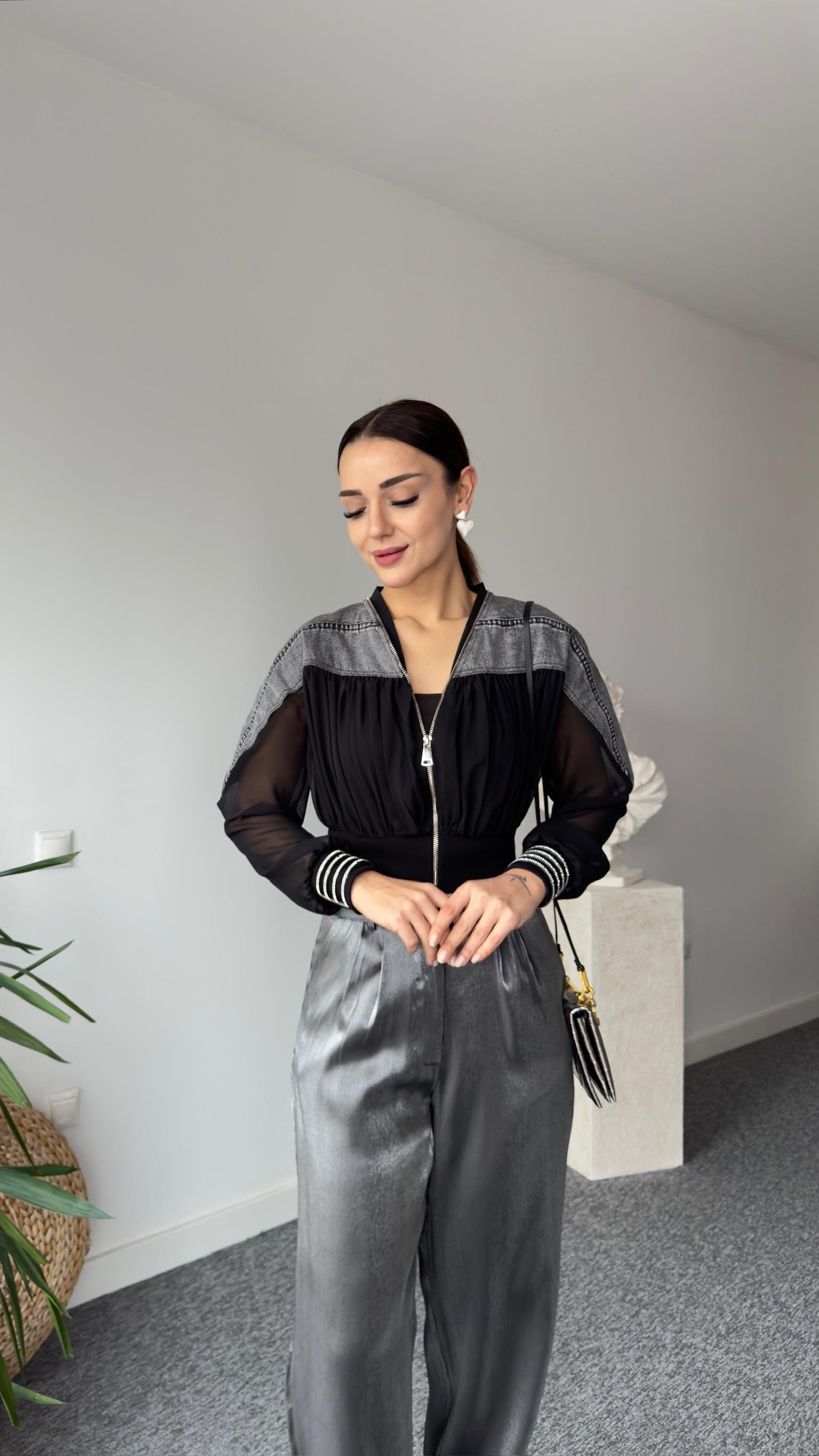 Gri Kot Detaylı Tasarım Tül Ceket