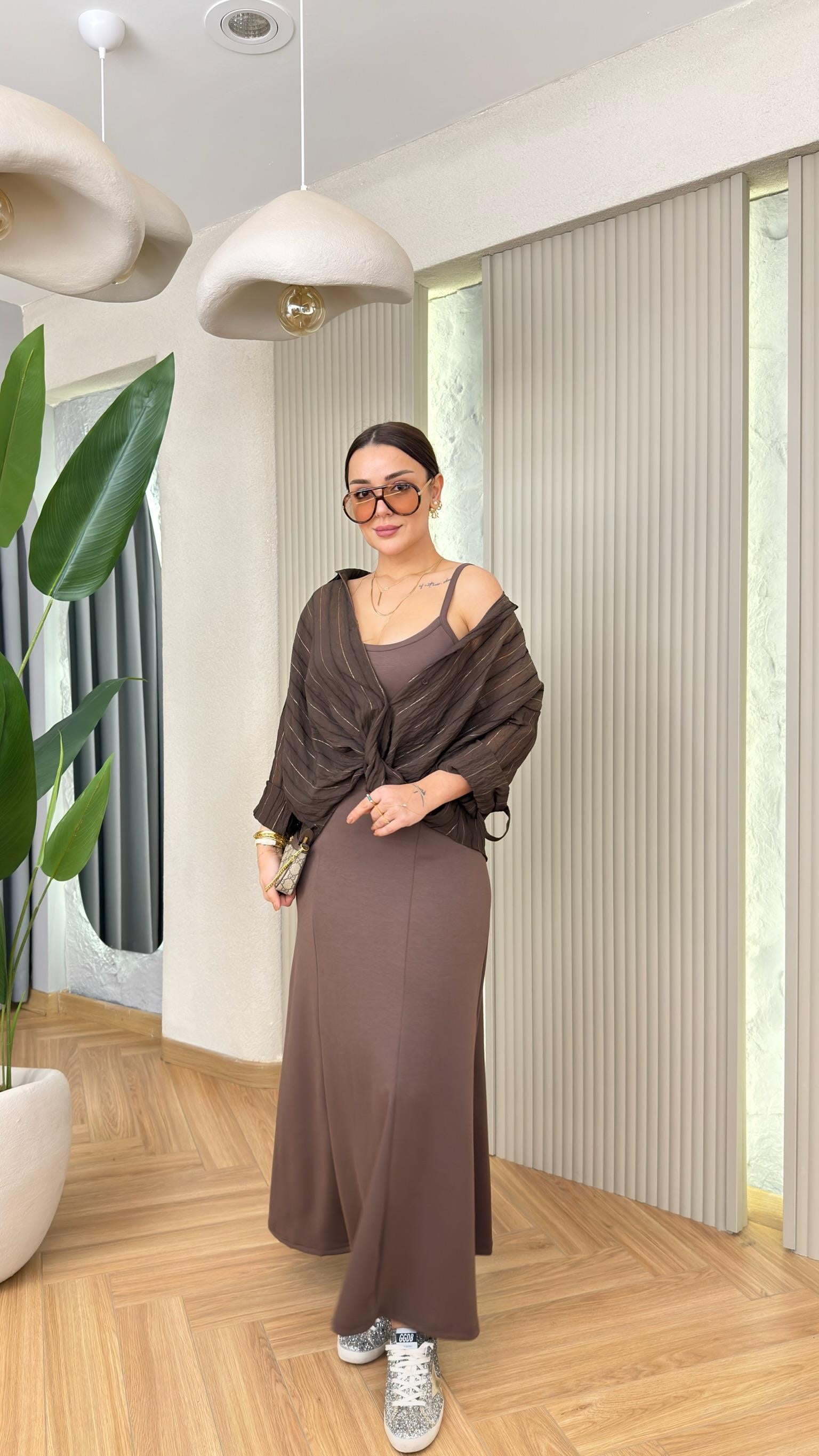 Kahve Nadiya Sim Geçişli Gömlek Elbise Takım