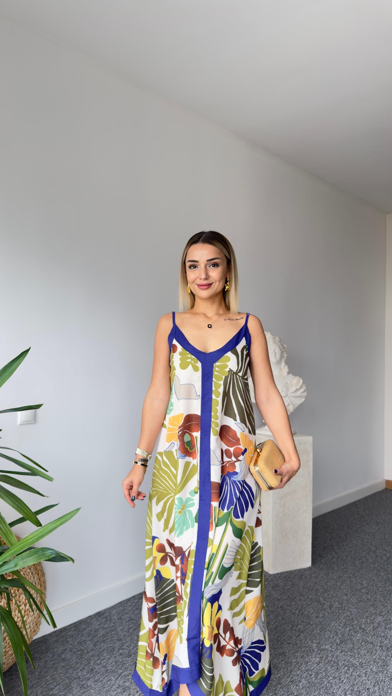 Mai Mavi Şeritli Desenli Askılı Elbise 
